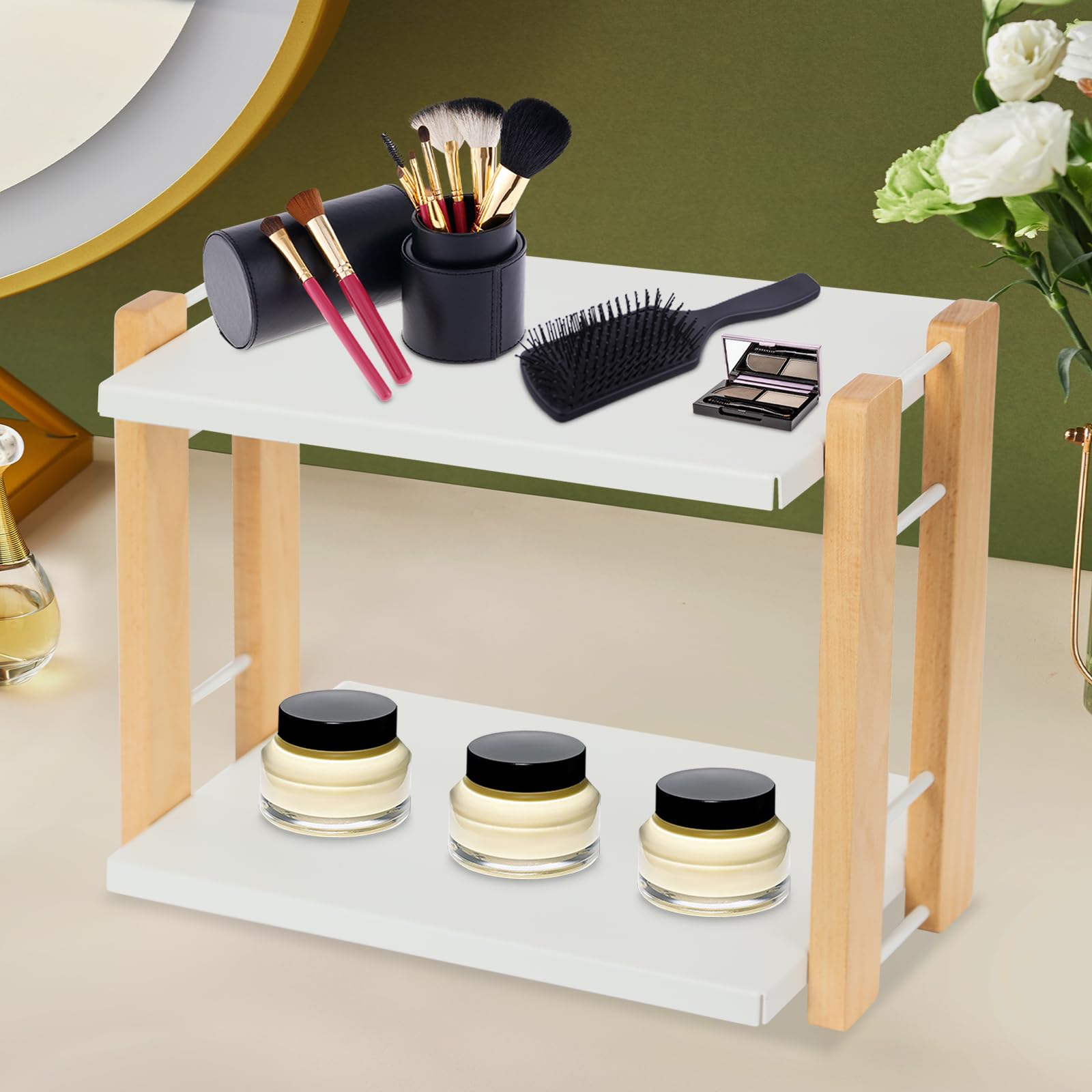 Organizer da scrivania, mensola da bagno a 2 livelli, per riporre utensili da cucina, spezie e cosmetici, bianco