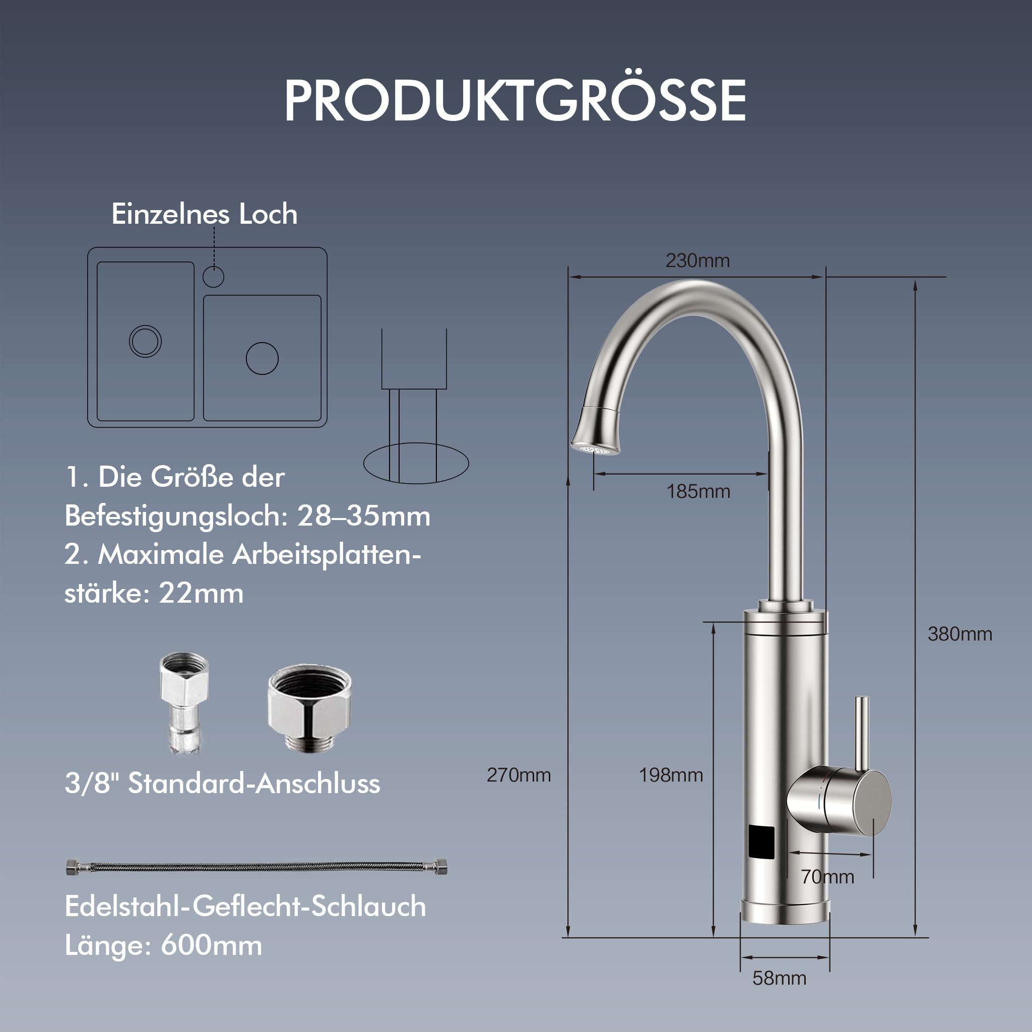 HOMELODY Wasserhahn mit Durchlauferhitzer 230V, GS-Zertifizierung Elektrischer Wasserhahn Sofort Heißes Küchenarmatur mit LED-Display, Anti-Spritz Edelstahl Küchenarmatur, Durchlauferhitzer Küche