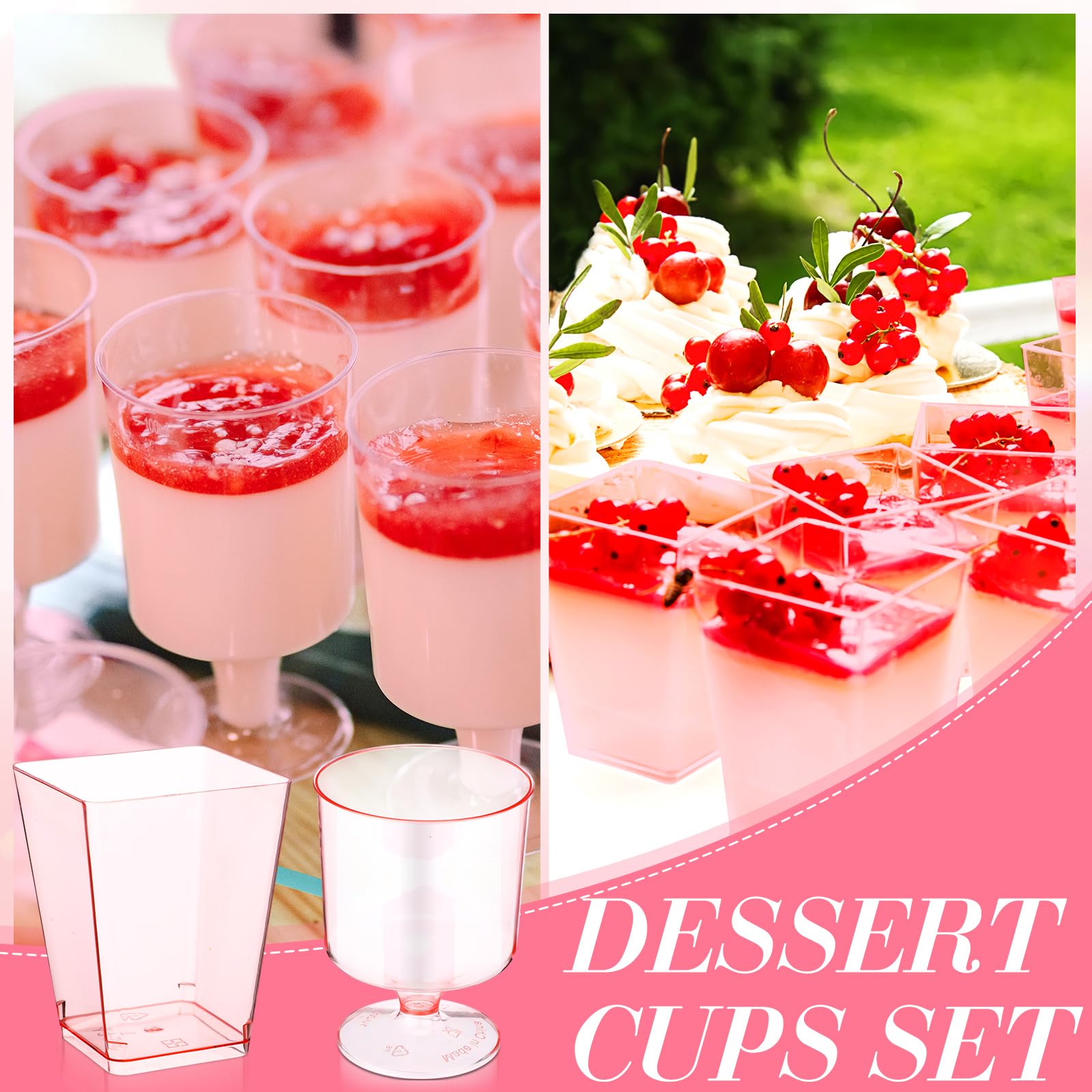 Funnymoom Paquete de 100 vasos de postre rosa con cucharas de 5 onzas, mini taza de postre de plástico transparente para postre, vasos cuadrados de chupito, cucharas redondas de plástico para frutas,