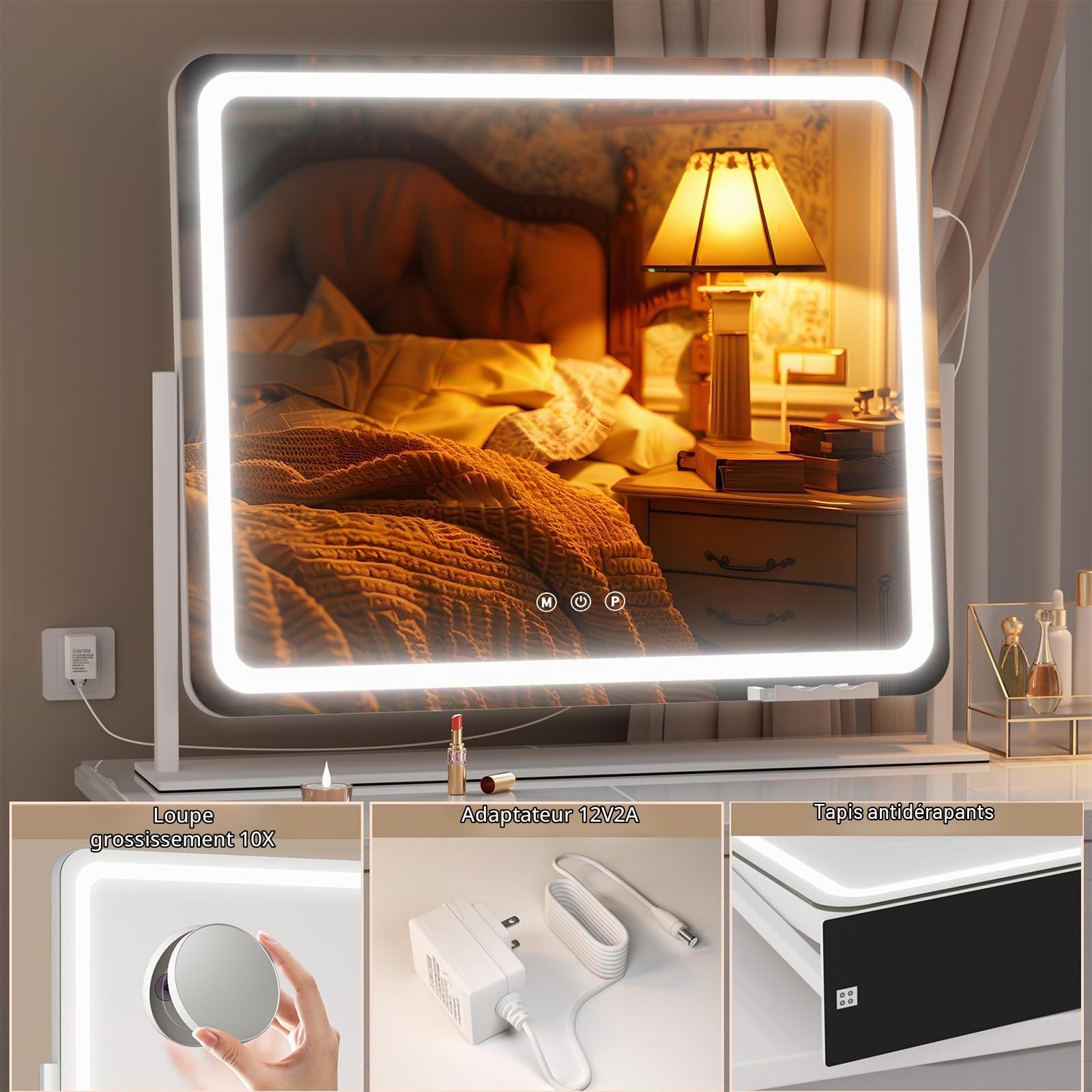 Hasipu Miroir de Maquillage avec éclairage 65 x 54 cm, Miroir de beauté LED avec grossissement 10x, 3 températures de Couleur, Commande Tactile, Rotation à 360°, Blanc Rond
