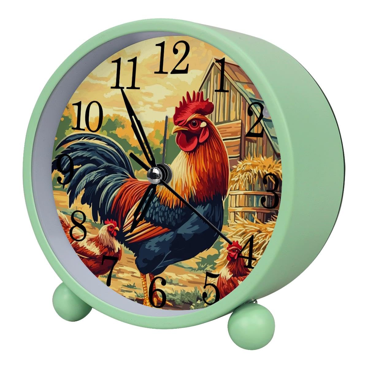 Luoweisi Alarm Clock Rooster Chicken Farmhouse, Silent Non-Ticking with Night Light, Round Metal Alarm Clock for Office, Battery Operated, Bedroom, Elderly, Adults, Children, Student Gifts