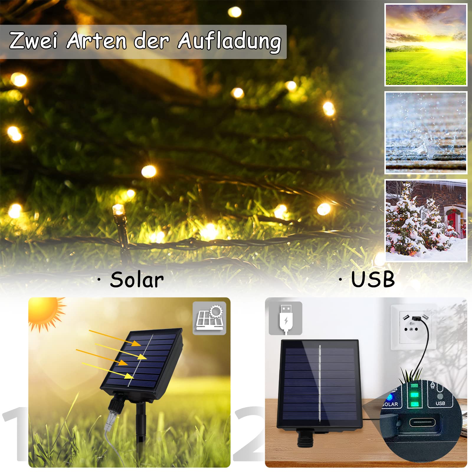 NAIZY Solar Lichterkette aussen 100m 1000LEDs Solar Weihnachtsbeleuchtung Warmweiß Lichtervorhang mit 8 Leuchtmodi Speicherfunktion & Timer & USB IP44 Wasserdicht Lichterketten Innen-Außen