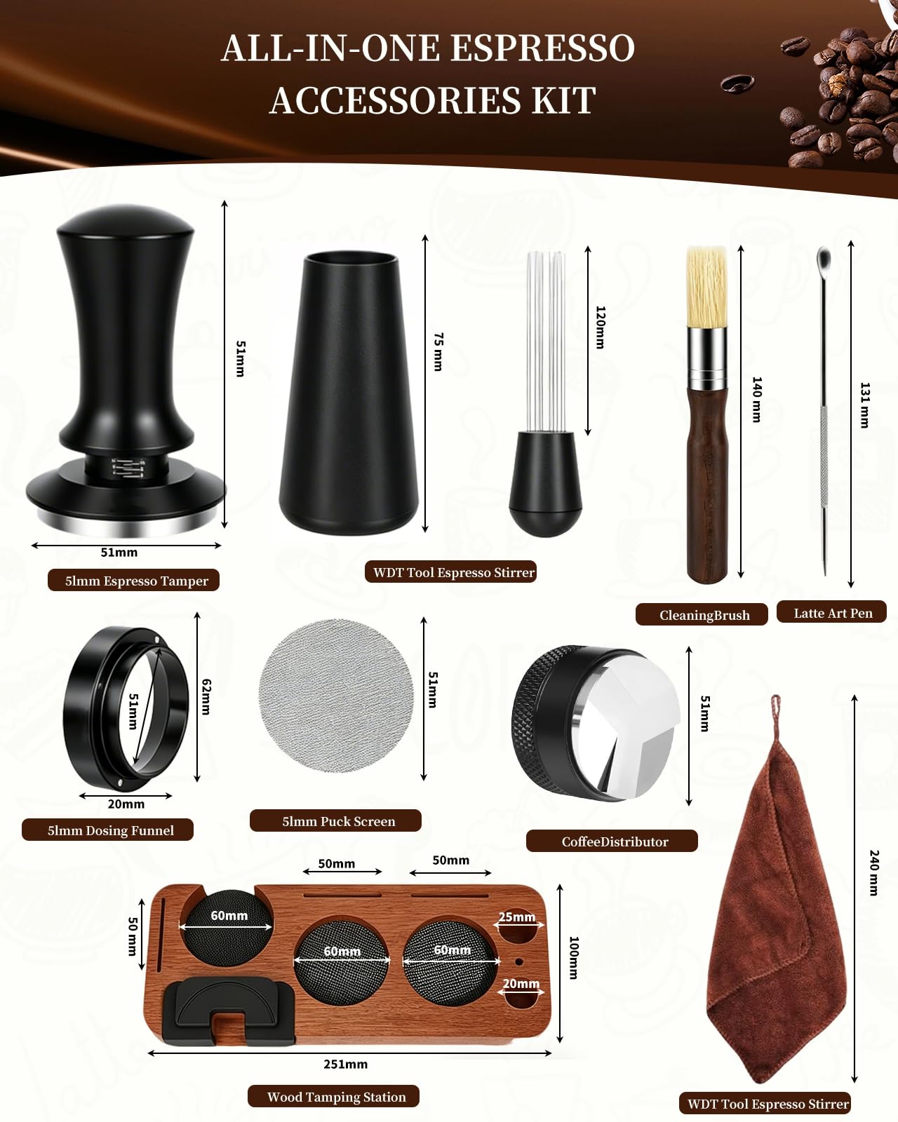 Lot de 25 tampons à café de 51 mm avec station tamper, niveau de café, outil WDT, brosse de nettoyage, écran palet, mélangeur, 16 pochoirs à latte pour expresso