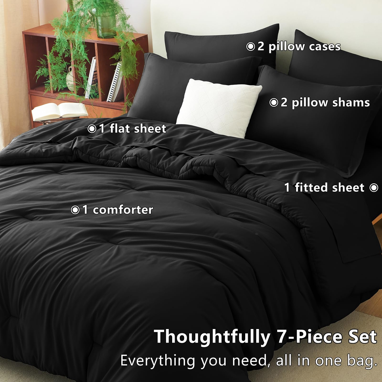 Juego de edredón tamaño Queen, color negro, 7 piezas de cama en una bolsa, juego de edredón suave con sábanas, juego de cama bohemio de 7 piezas para todas las estaciones con edredón, sábanas 6