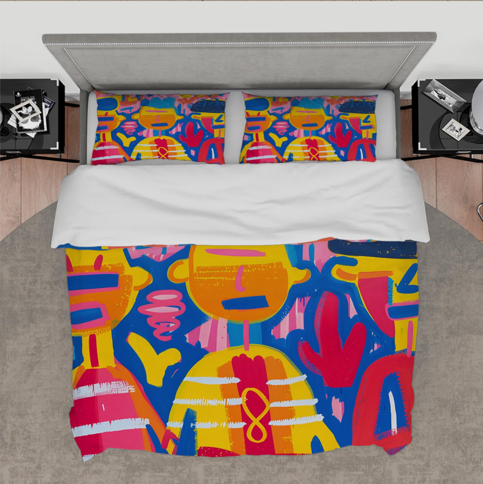 Kolorowy zestaw poszewek na kołdrę w stylu graffiti 3-częściowy zestaw pościeli z motywem kreskówek ze słodkimi postaciami z 2 suwakami i 4 krawatami 160 x 200 cm