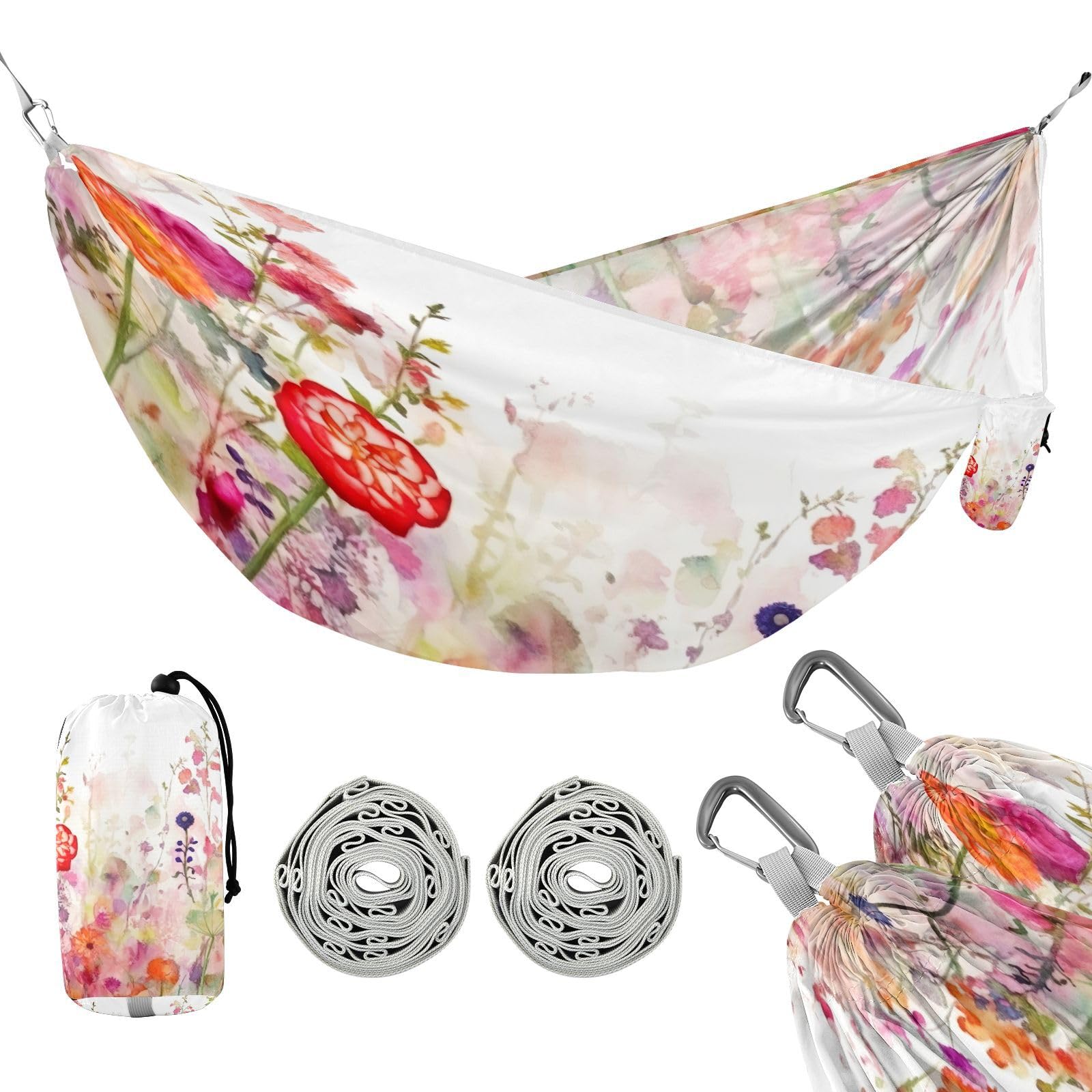 Haskirky Watercolor Floral Camping Hammock, Single Portable Hammocks with Tree Straps & Attached Carry Bag, 330Lbs Capacity Perfect for Outside Indoor Hiking Beach Backpack Travel