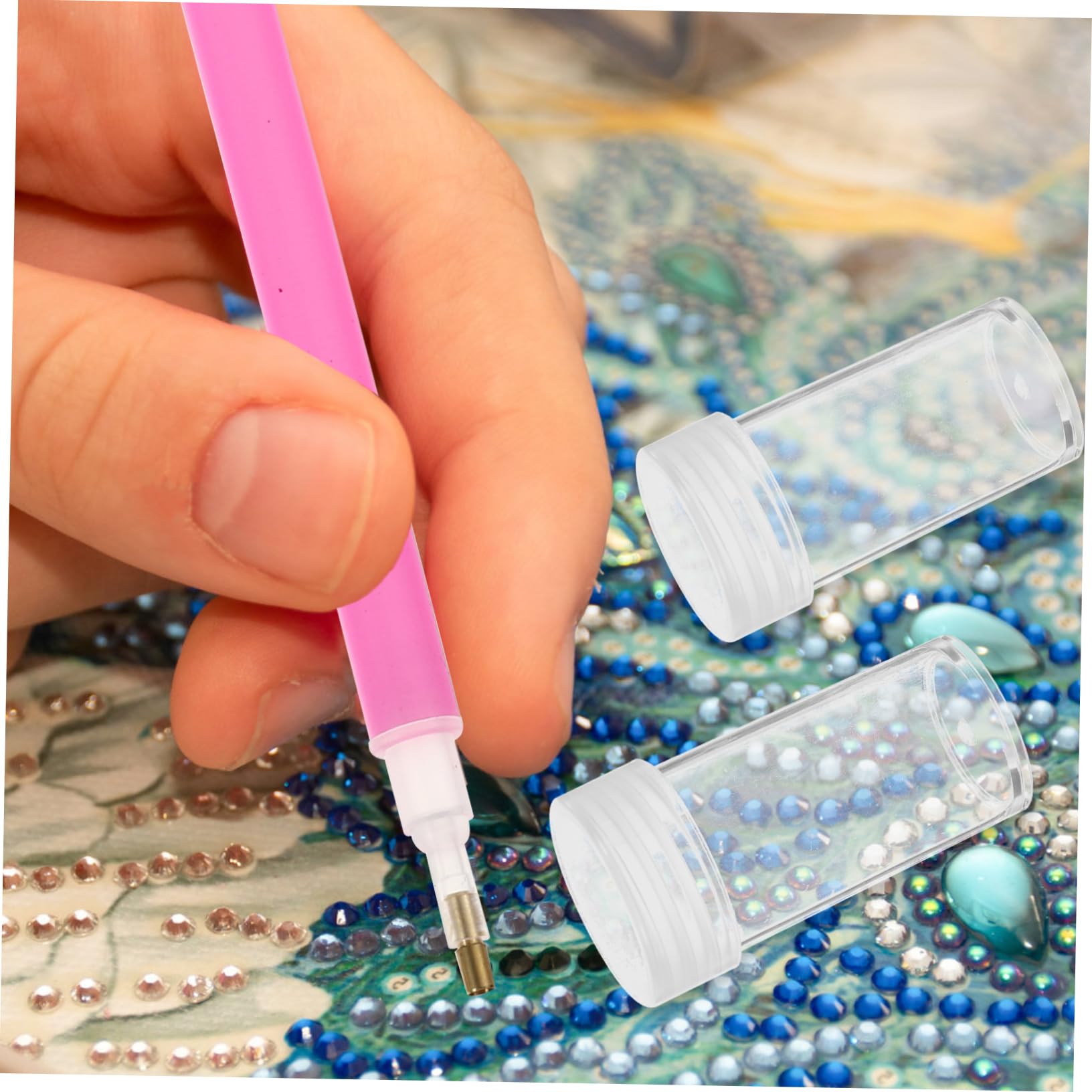 HOMSFOU 1 Set Scatola Organizzatrice Trasparente con Divisori per Craft e Piccoli Contenitore Diy con Bottiglie Rotonde e Adesivi per Etichettatura