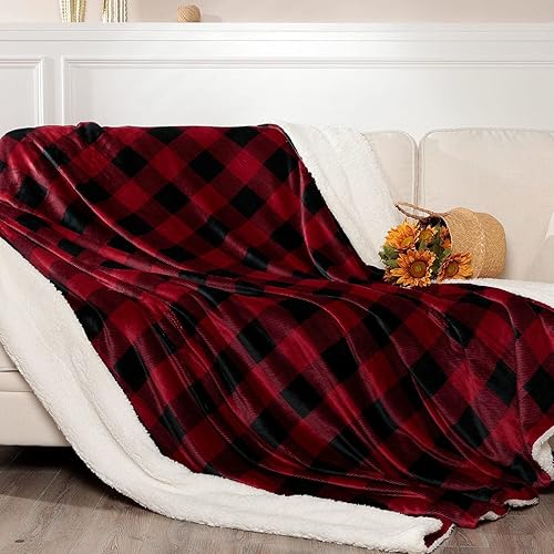 Miniatura 2 de NANPIPER Manta Sherpa tamaño Queen, cálida y mullida a cuadros, manta de forro polar suave para sofá, cuadros rojos y negros, 90 x 90 pulgadas