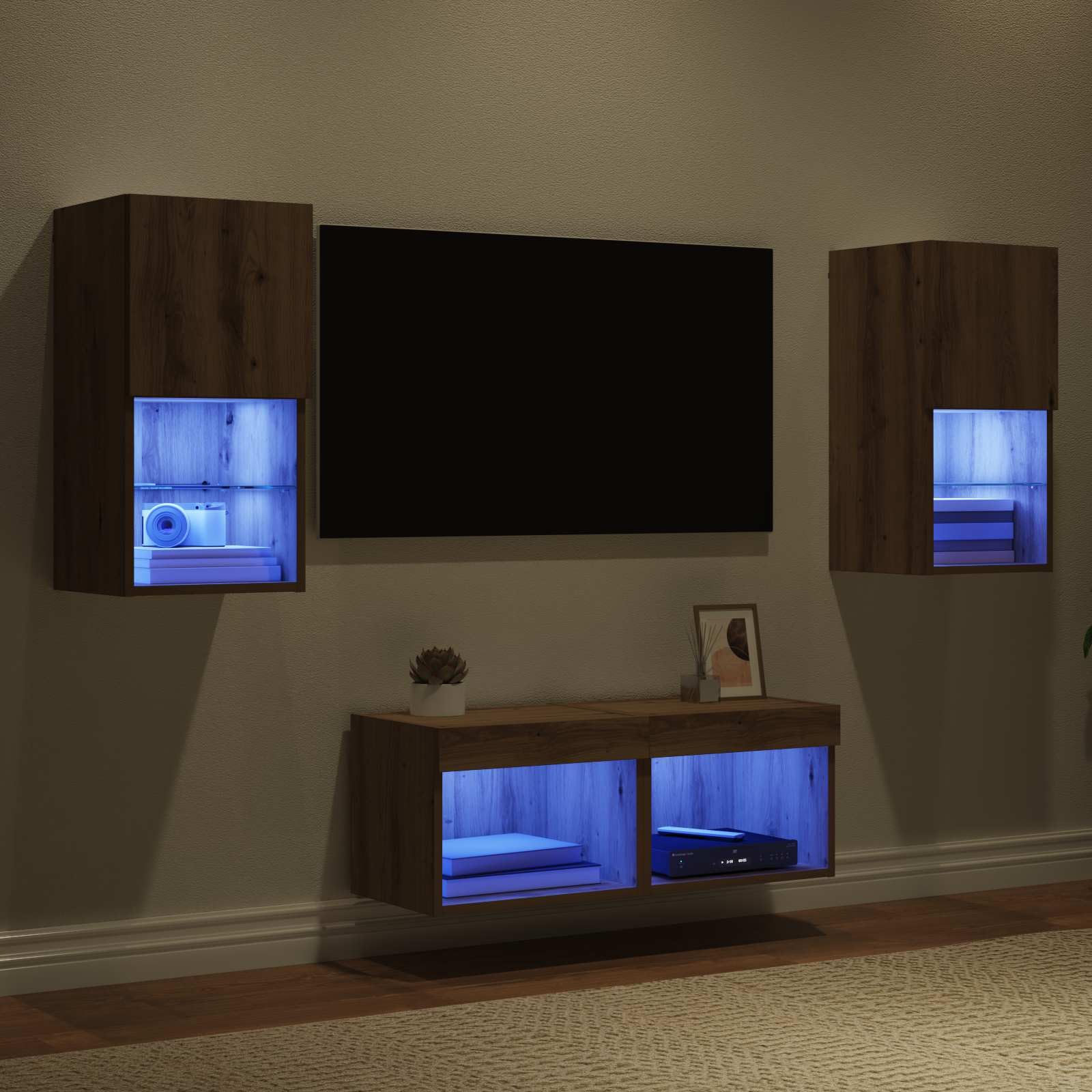 Regał ścienny do telewizora, 4 sztuki, dąb Artisan, materiał drewnopochodny, montaż ścienny, nowoczesny design, miejsce do przechowywania z oświetleniem i szklanymi otworami do salonu, kina