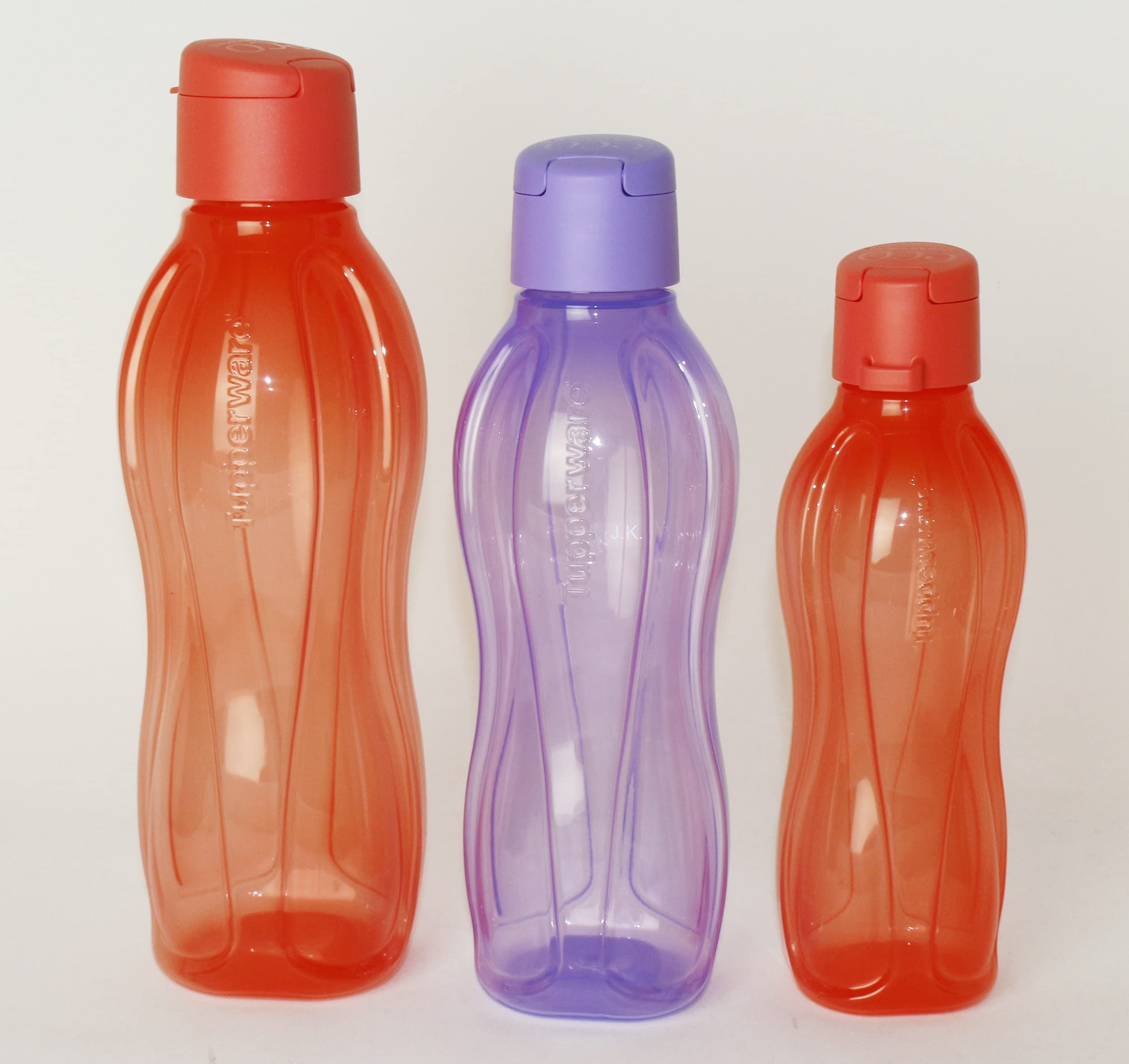 TUPPERWARE EcoEasy Trinkflasche 1L Lachs-Orange + 750ml Lila + 500ml Lachs-Orange + Kugelschreiber metallic