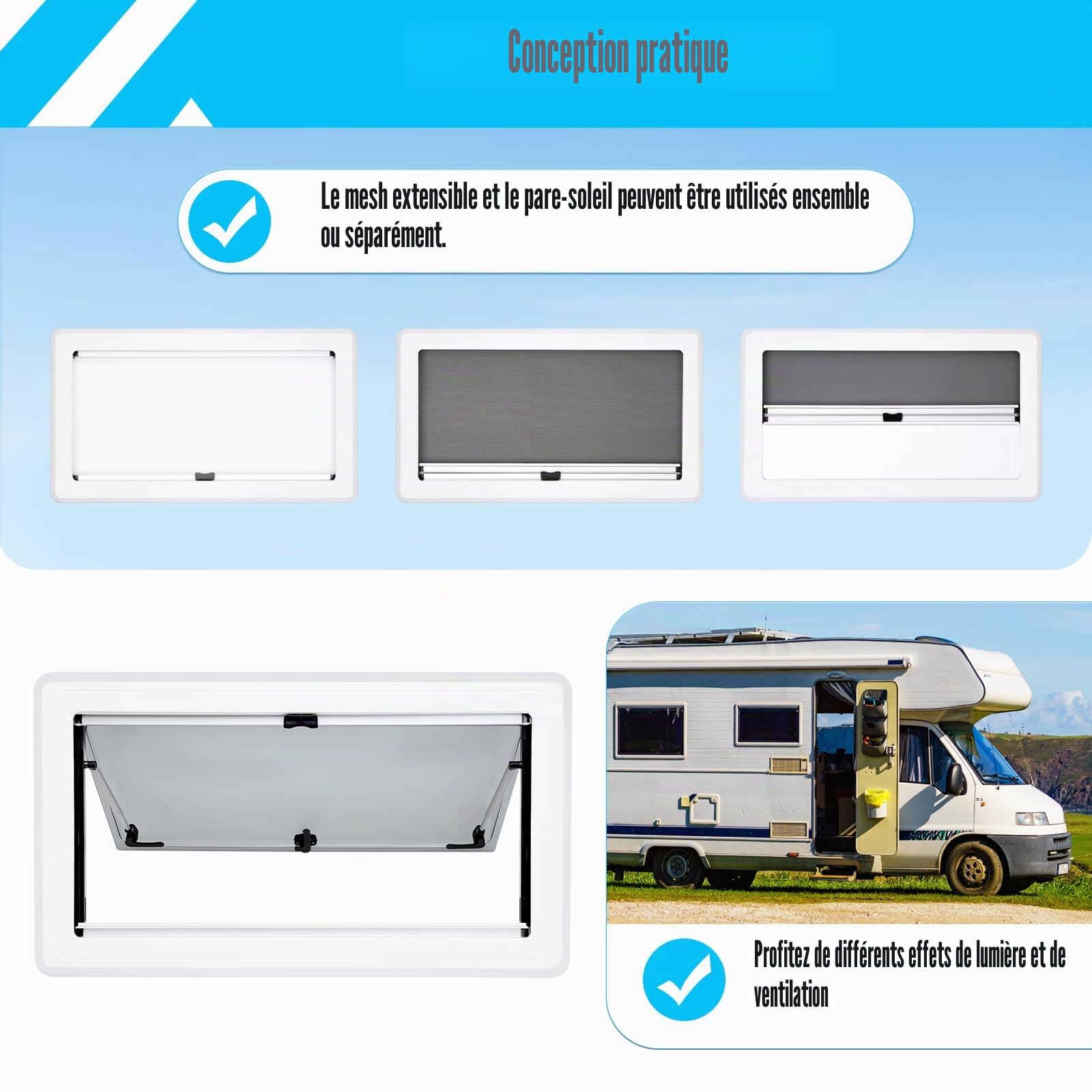DIFU Fenêtre de camping-car 900 x 500 mm - 70 ° - Avec moustiquaire et store intégré - E13 - Externe - Push - Pour caravane, van et camping-car