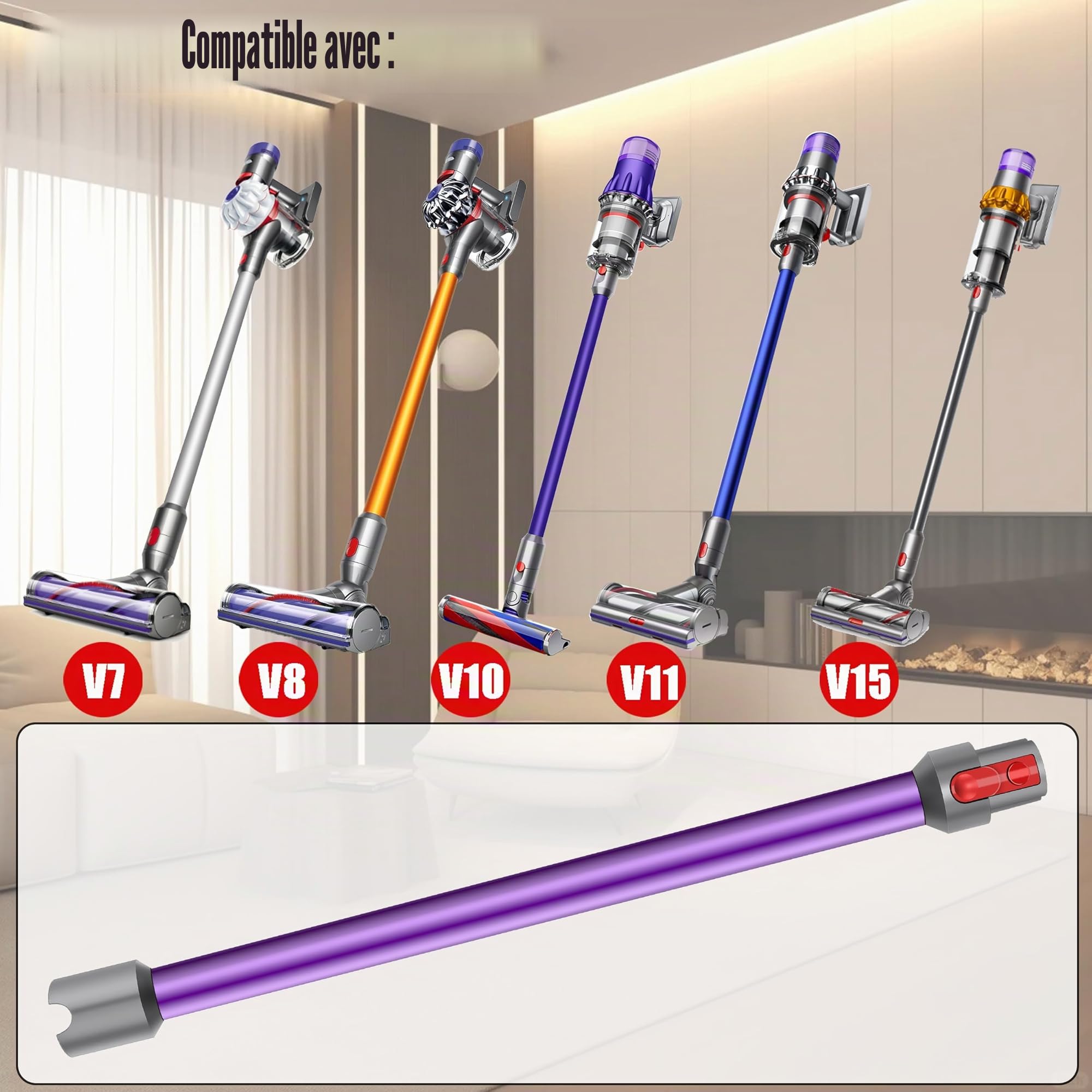 Tube Extension compatible pour Dyson V7 V8 V10 V11 V15 Tige Rigide Rallonge en Aluminium, Longueur 73 cm, Connecteur à Dégagement Rapide - Violet