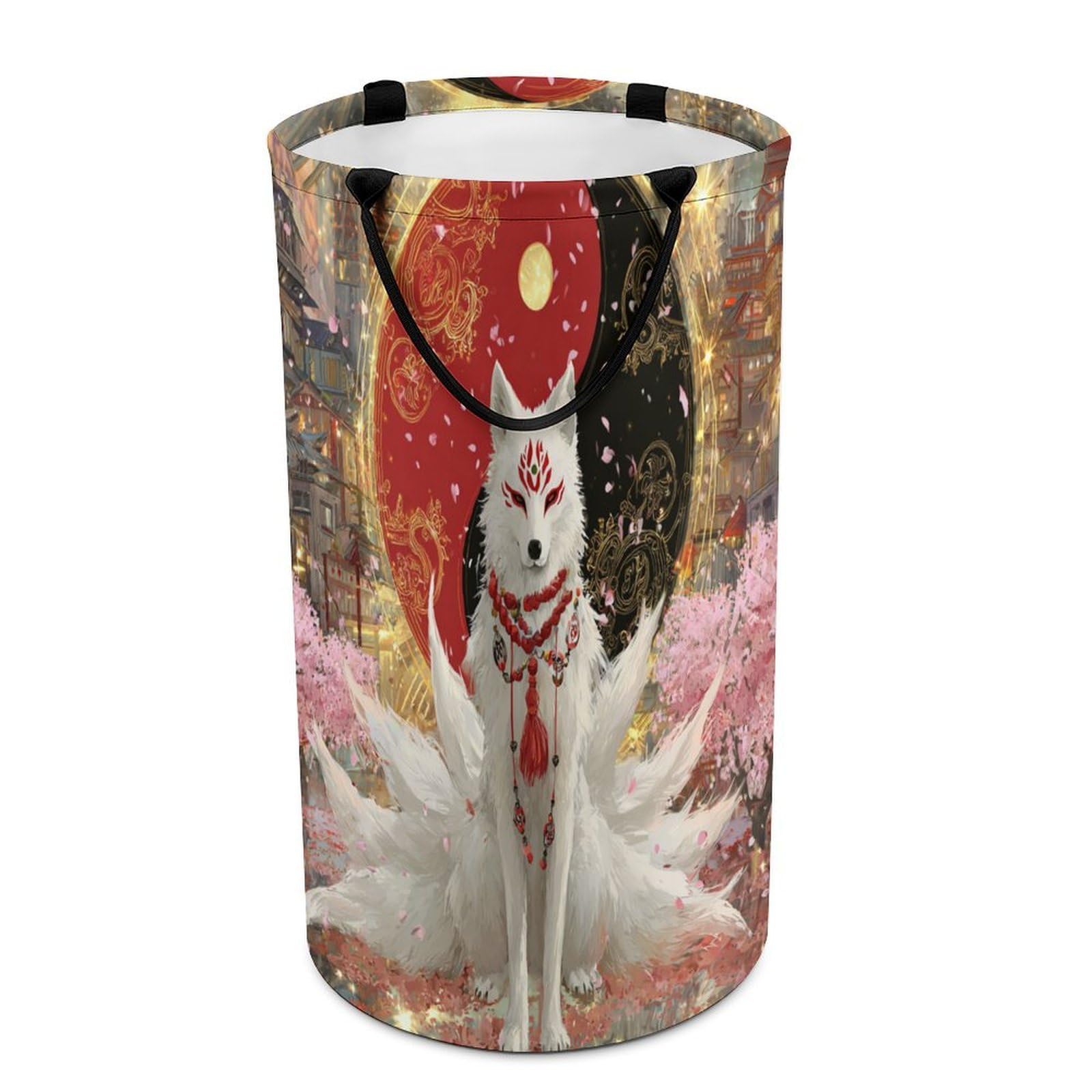 LUYYSKY Fantasy Vintage Yin Yang Fox Collapsible Dirty Clothes Basket, Retro Oil Painting Japanese Plant Cherry Blossom Portable Clothes Storage Laundry Basket-40 CM Dia, 69 CM High