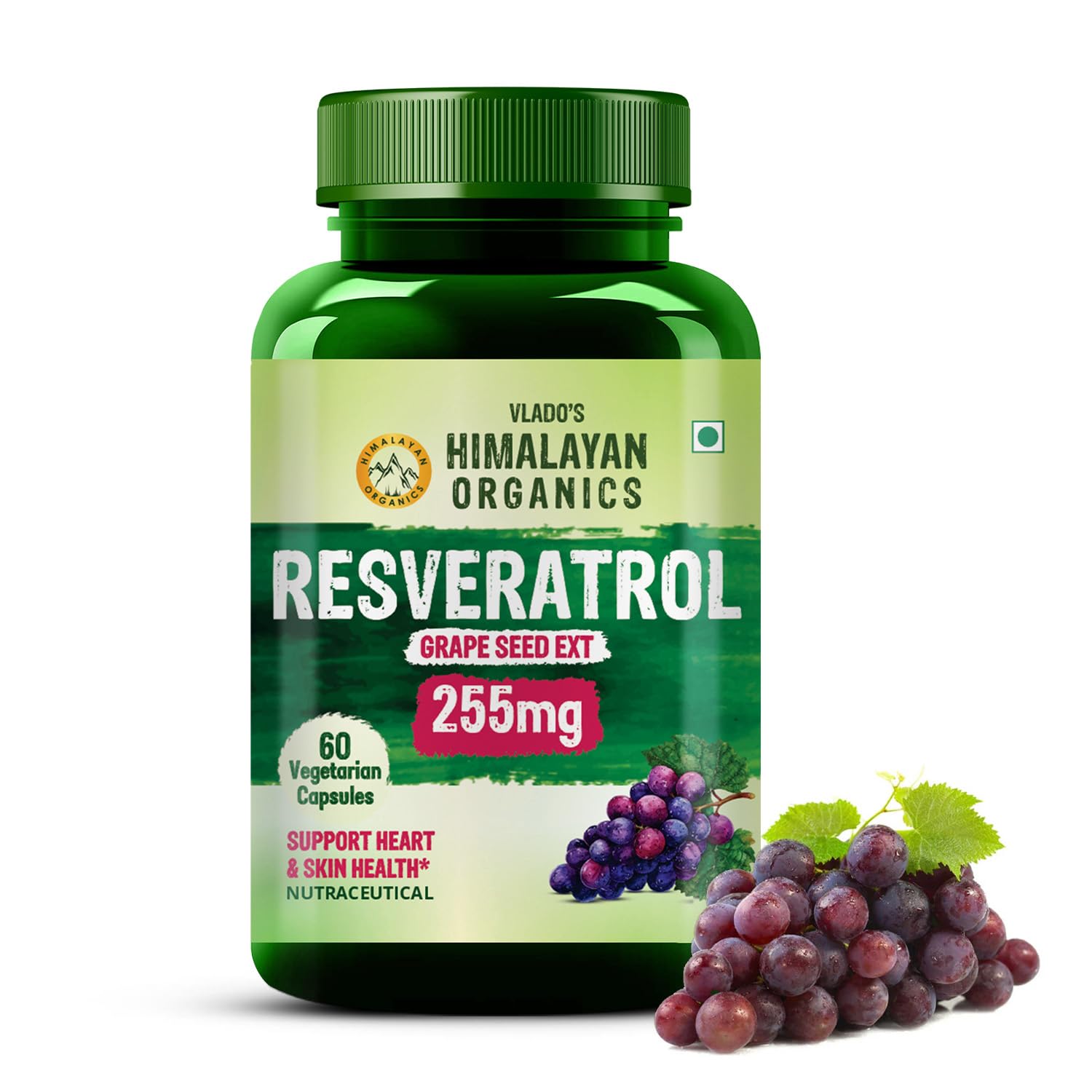 Vlado’s Himalayan Organics Resveratrol 255mg with Grape Seed Extract Supplement | Support Heart And Skin Health | Stop Aging | Powerful Anti-oxidant | Anti Aging Supplement for Youthful Skin I Pharma Grade Resveratrol Supplements for Max Absorption - 60 Veg Capsules