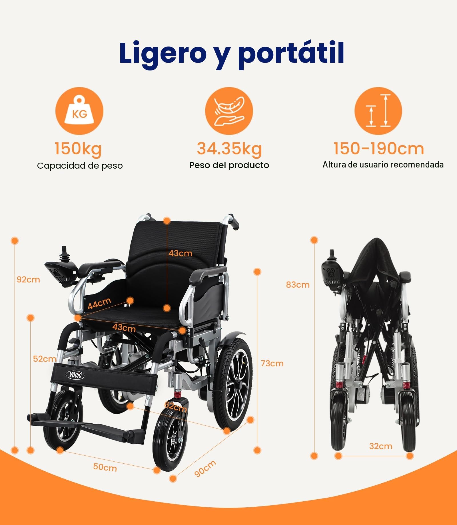 VOCIC V56 Silla de ruedas electrica plegable ligera 150KG,30KM silla ruedas electrico con neumáticos de goma 40CM para todos los terrenos,Estable y fuerte,Aprobado por la aerolínea|Garantía de 5 años