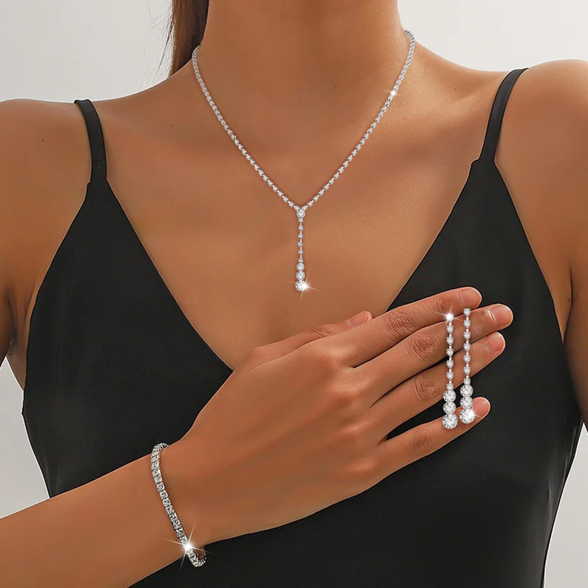 Diamday Elegante Sposa Gioielli Set per Donne Strass Collana Pendenti Sliver Orecchini a Goccia Bracciali Cristallo Sposa Damigella d'Onore Gioielli Set Fidanzamento Prom Festa Matrimonio Gioielli C