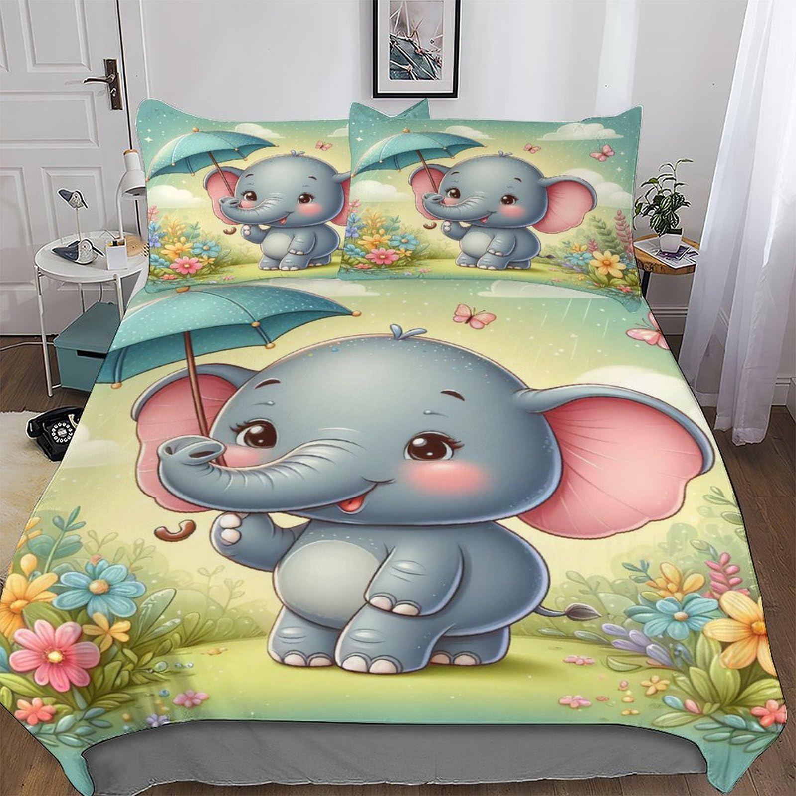 Housse de couette éléphant microfibre coton anti-plis facile à laver pour ado