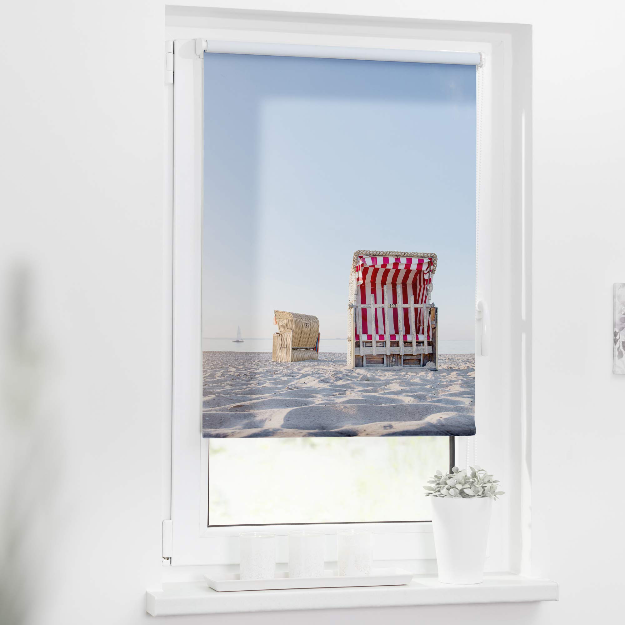 Lichtblick Klemmfix Tageslicht-Rollo mit Motiv, ohne Bohren, Blickdicht, Seitenzugrollo, Made in Germany, Strandkorb gestreift - Blau Beige 70 cm x 150 cm (B x L)