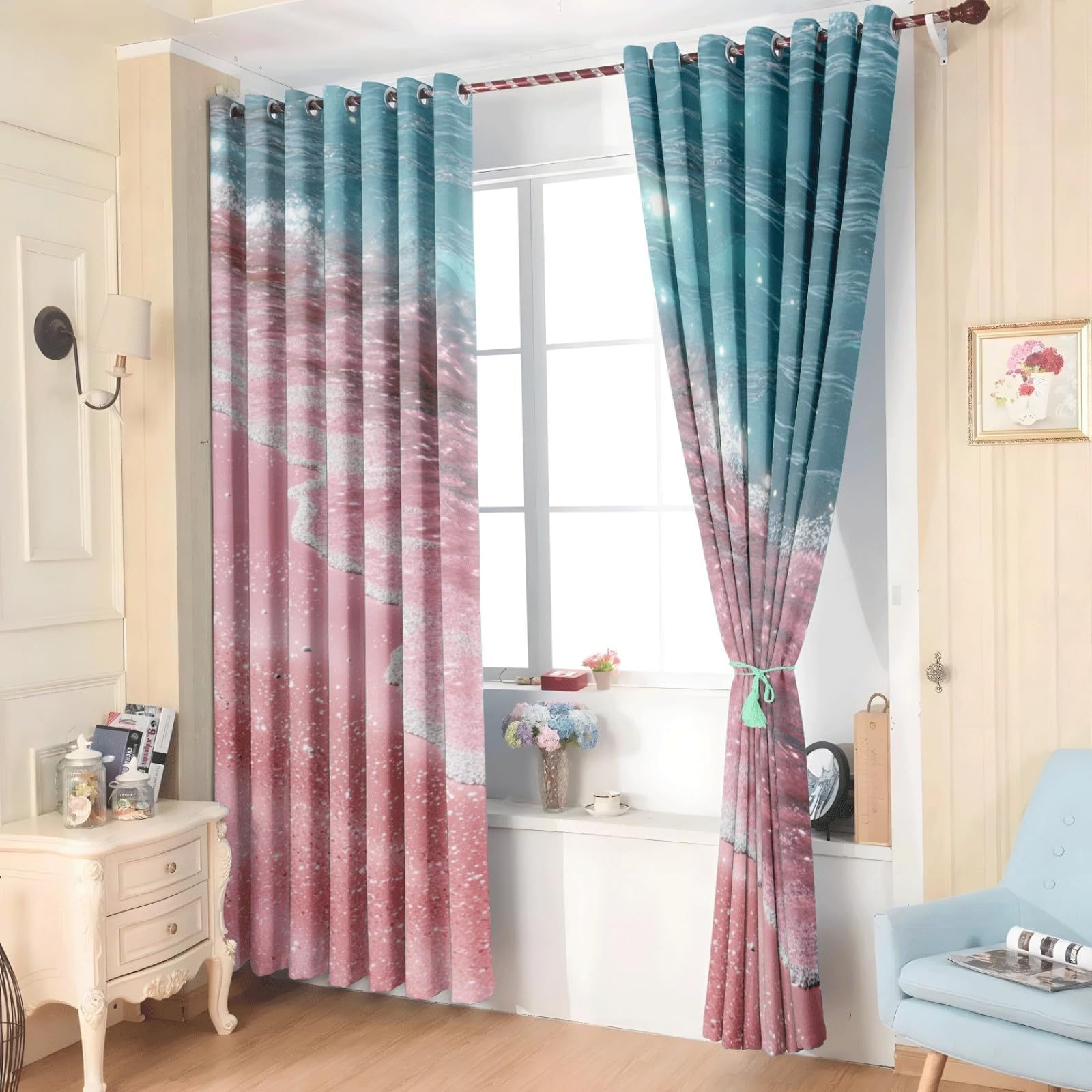 Curtain Rosa Blauer Strand Gardinen Polyester Vorhang mit Ösen Blackout Curtain Waschbar Vorhänge mit Ösen Living Room Thermovorhang Schlafzimmer Verdunklungsvorhänge Blickdicht 2x140x160cm