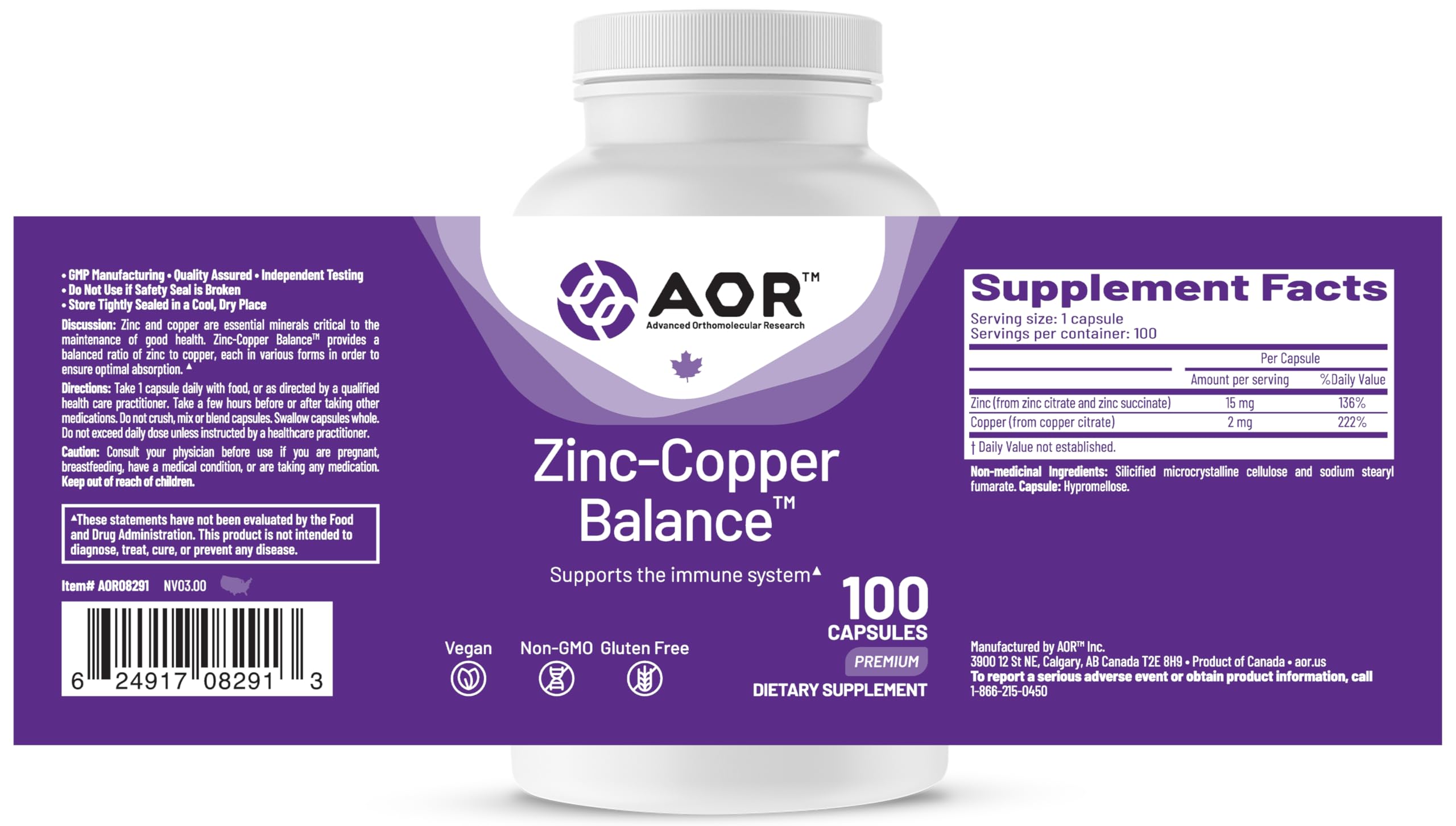 AOR Zinc Copper Balance Capsules, 15mg Zinc 2mg Copper, 100 Vegan Capsules — Amazon image 9