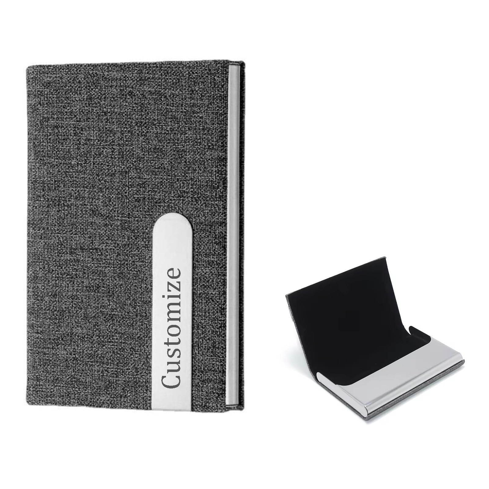 Youdian Custom Leather Business Card Holder Engraved Personalized Name/Logo for Men Women, Unique Business Gift, SILVER, 3.78X2.48X0.51, Business