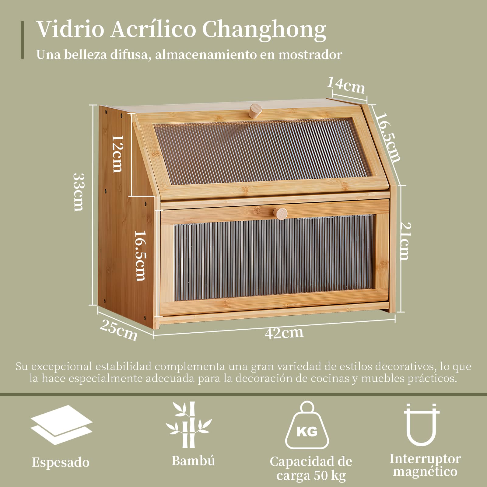 Panera de bambú de 2 Niveles – Recipiente para Pan con Puerta de acrílico y diseño de Escalera, Especias y Accesorios de Cocina, Caja de Almacenamiento ahorradora de Espacio para Cocina
