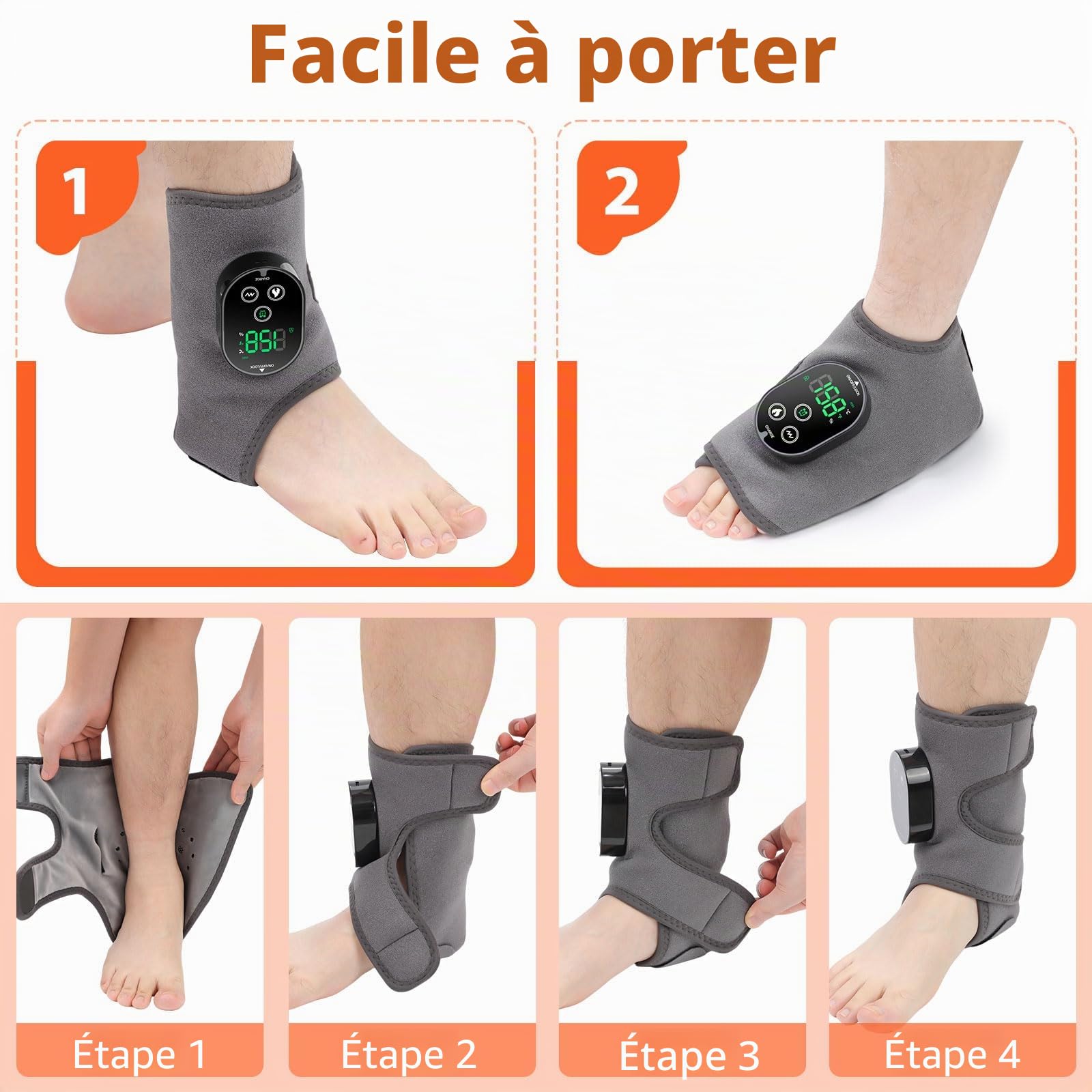 Appareil de Massage et Chauffant pour Pieds et Chevilles – Compresse Chauffante 2-en-1, 6 Niveaux de Chaleur & 3 Modes de Vibration, Rechargeable, Gris