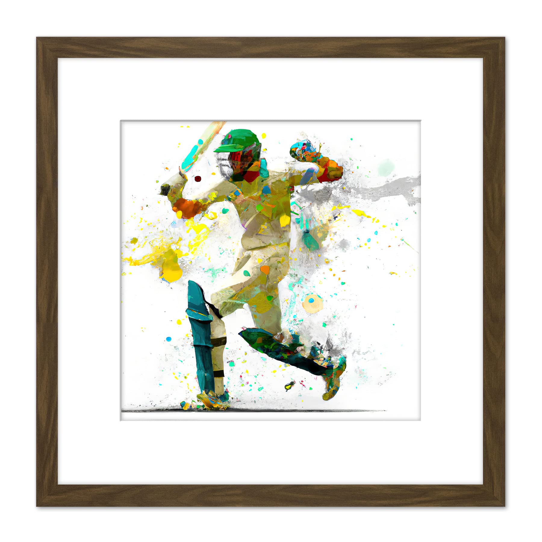 Artery8 Sports Cricket Batsman Motion Throw Splatter Oil Painting Square Wooden Framed Wall Art Print Picture 8X8 Inch