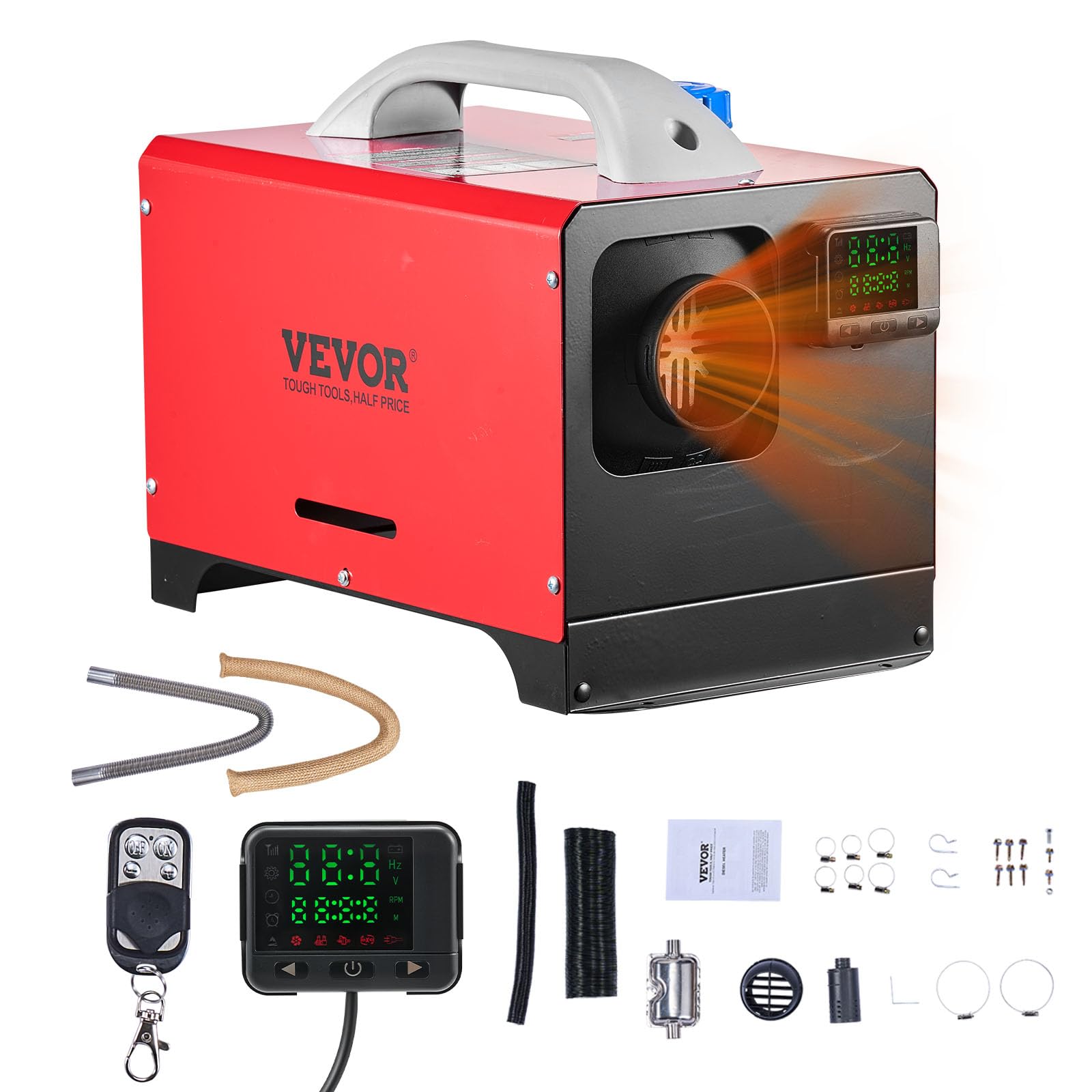 VEVOR Diesel Heater, 12V All-in-one Diesel Air Heater with Remote Control and LCD Display, 5L Fuel Tank Fast Heating Portable Diesel Parking Heater for RV, Truck, 8KW, Basic, Red
