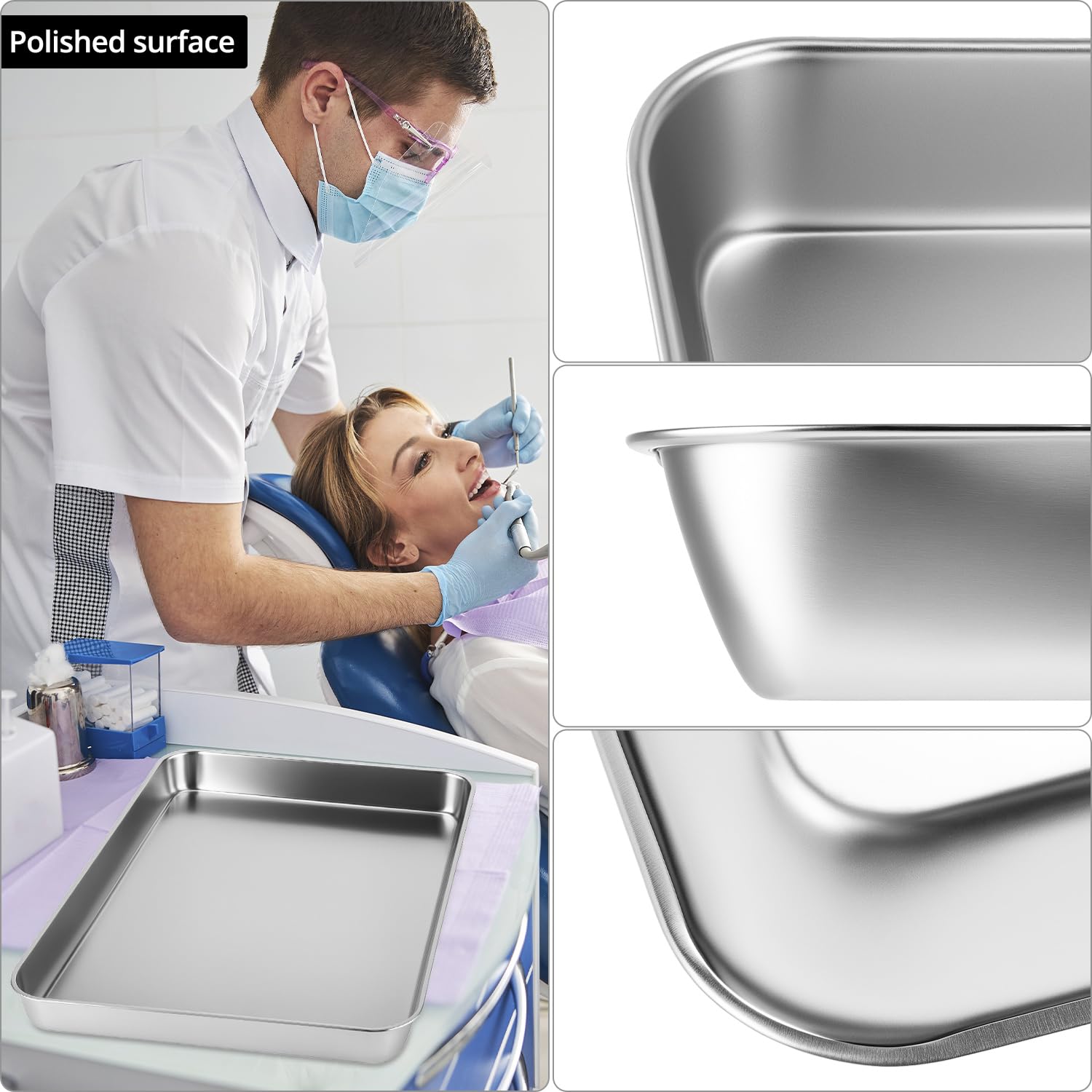 QWORK Vassoio medico, 1 vassoio chirurgico in acciaio inox + 2 vassoi organizer per strumenti con coperchio, 39 x 28 x 43 x 2,5 cm + 24,1 x 16 x 5,1 cm