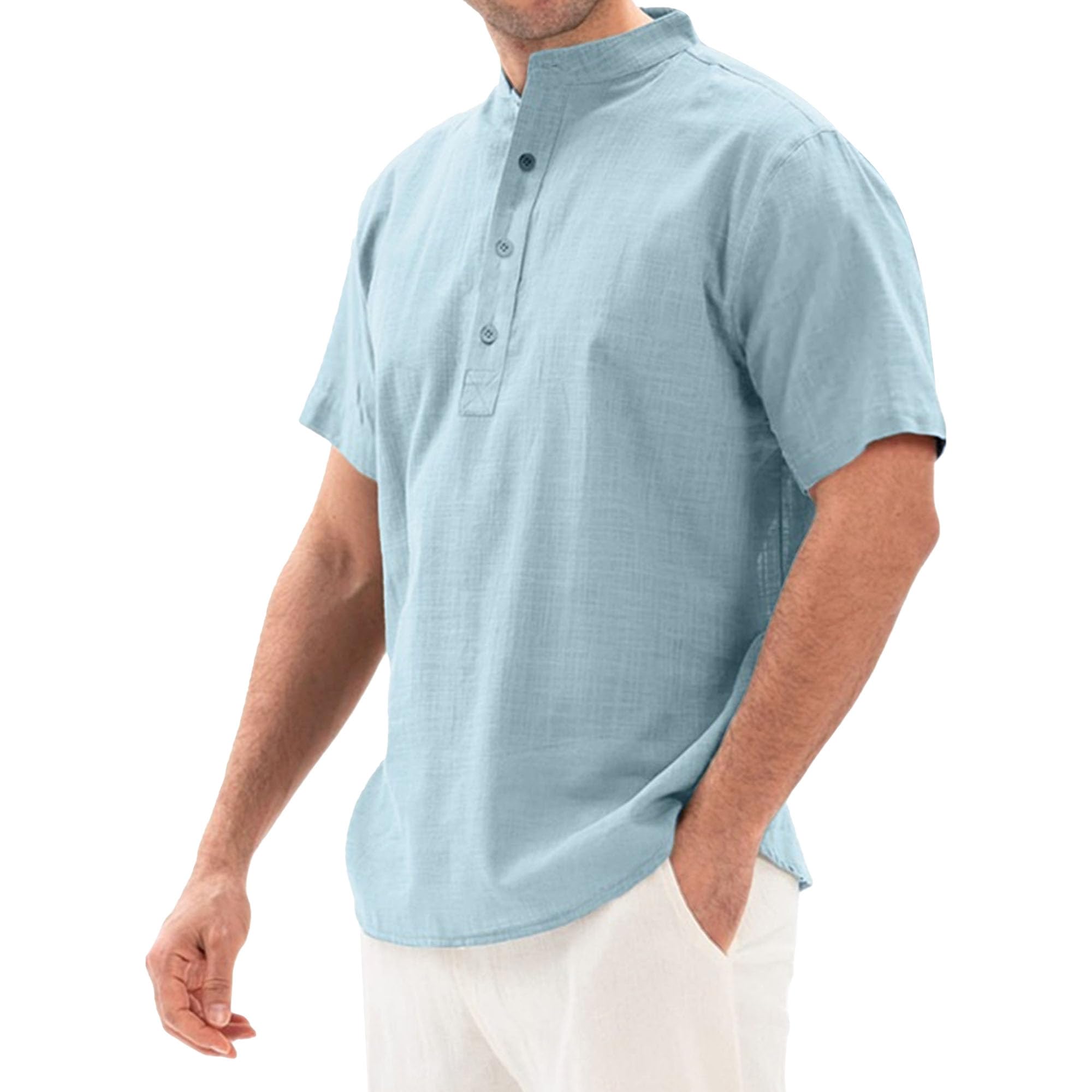 Men Solid Stand Collar Button T Shirt Casual Short Sleeve Pullover Tops Summer Quarter Button Loose Polo Shirt (Light Blue,Small)