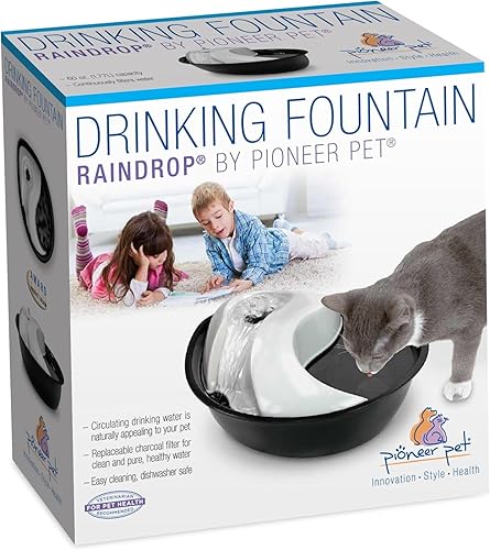 Miniatura 2 de Pioneer Pet Fuente de gotas de lluvia, fuentes para beber para mascotas (60 onzas, plástico, blanco y negro)