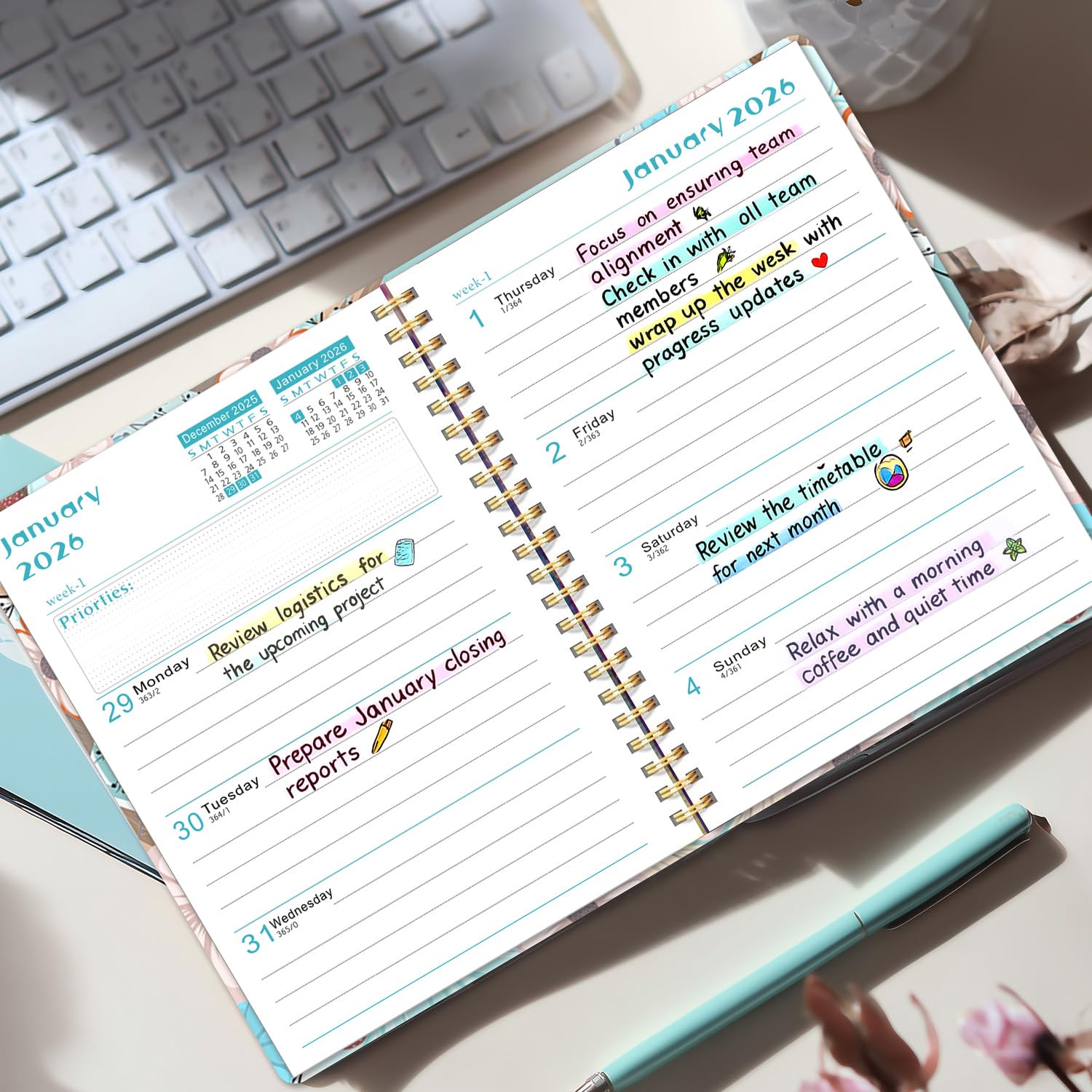 Agenda 2026 Semainier Mensuel Relié 15,8x21,7 cm Design Floral Organisateur avec Onglets Notes Autocollants Planificateur Productivité Bureau Études Maison