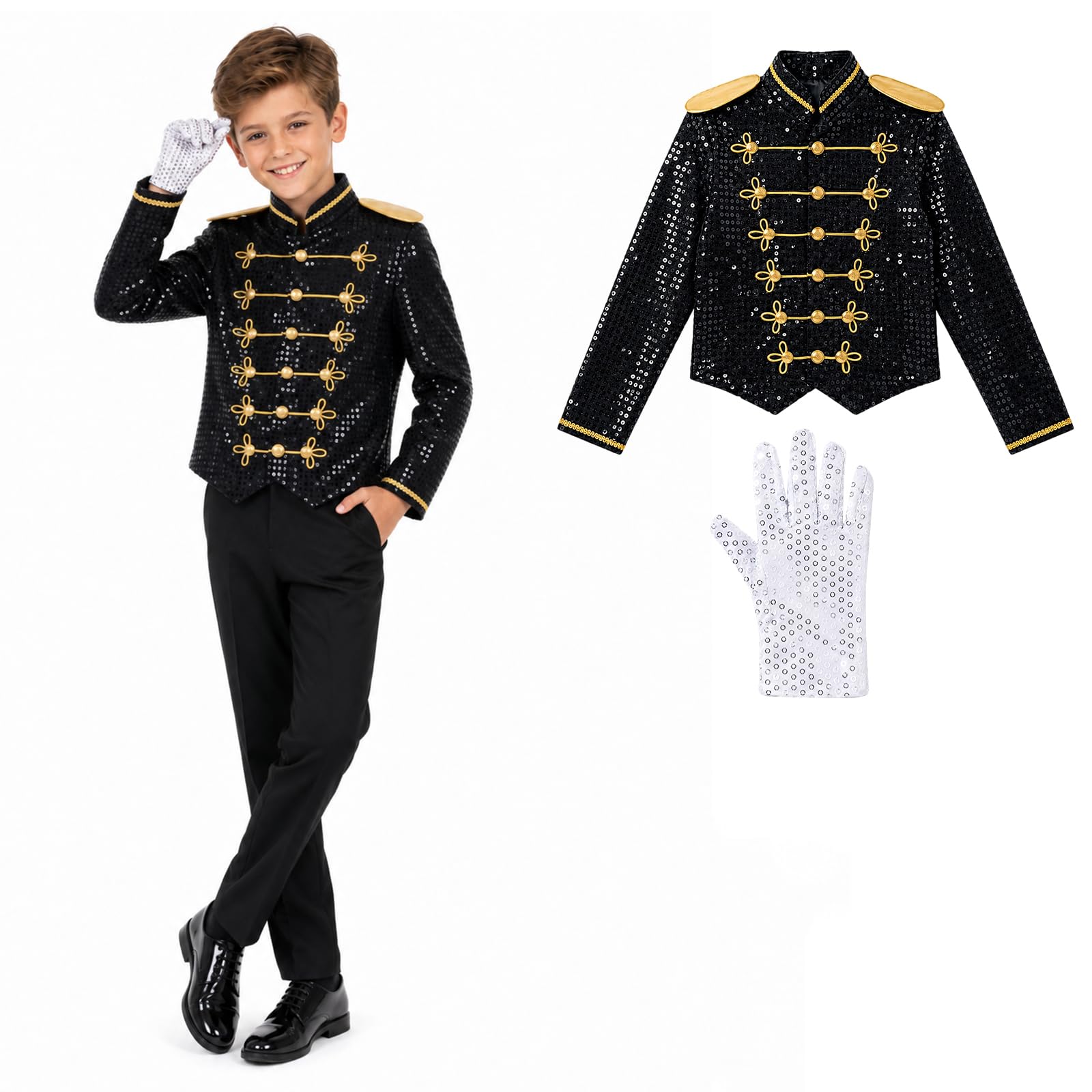 shyhand Deluxe Pop Star Jacket Kids, 80s Rockstar Costume Fancy Dress Disco Musician Outfits Sunglasses for Performance Party (Black Coat, X-Large)