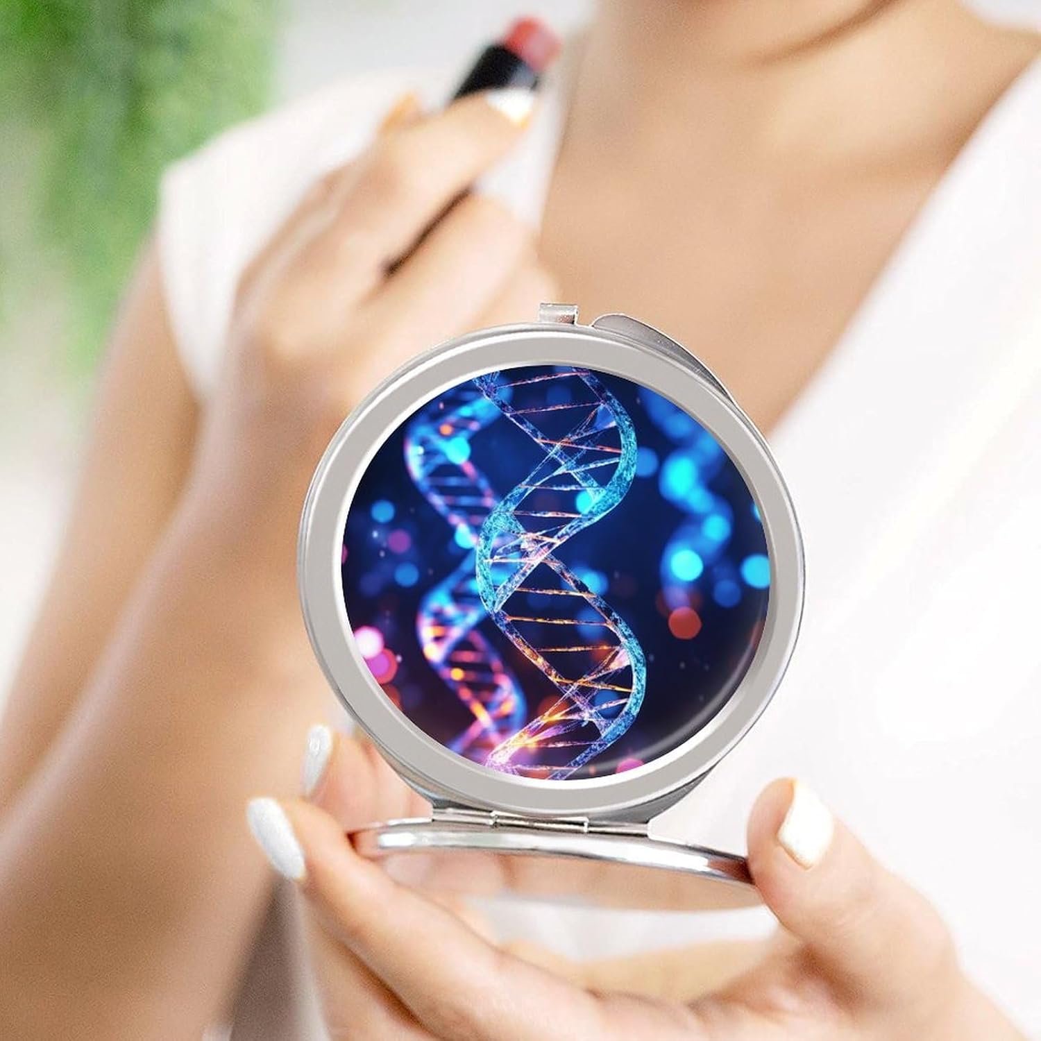 Travel DNA Genetic Helix Makeup Mirror Compact Pocket Vanity Mirror Double-Sided 2X /1x Magnifying Round Folding Handheld Cosmetic Beauty Mirrors for Purse Handbag image 4