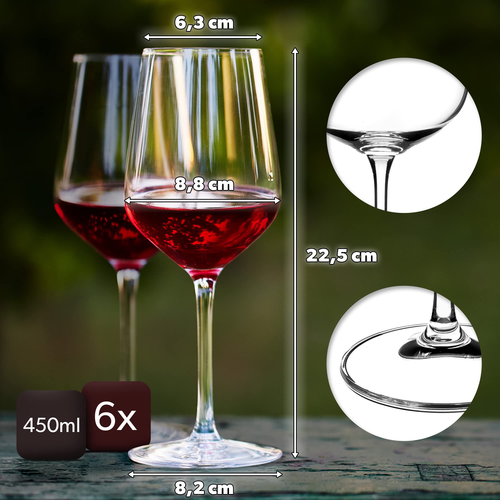 Wijnglazen van kristalglas, set van 6, 250 ml, hoogwaardige kwaliteit, wijnkelk met hoge steel, voor thuis, feest, elegante witte wijnglazen, mooie rode wijnglazen