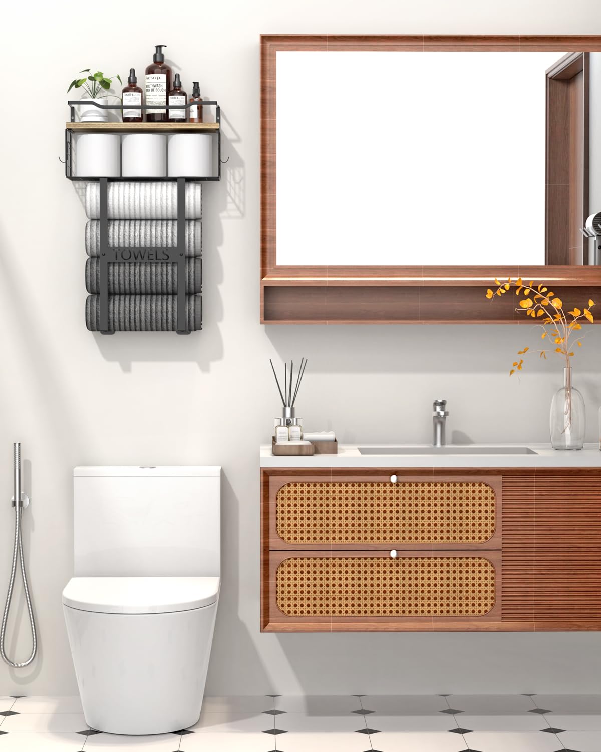 Toalleros para baño montado en la pared, juego de toalleros de pared de baño sobre almacenamiento de inodoro, organizador de toallas enrollado para baño pequeño, toallero vertical de madera para 7