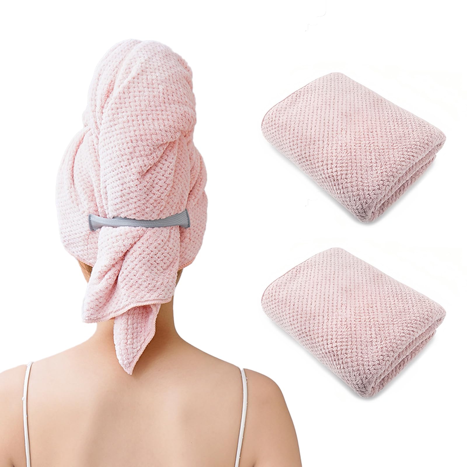 Microfiber Hair Wrap Towel for Women, Quick-Dry &amp; Absorbent (2 Pack, Pink)
