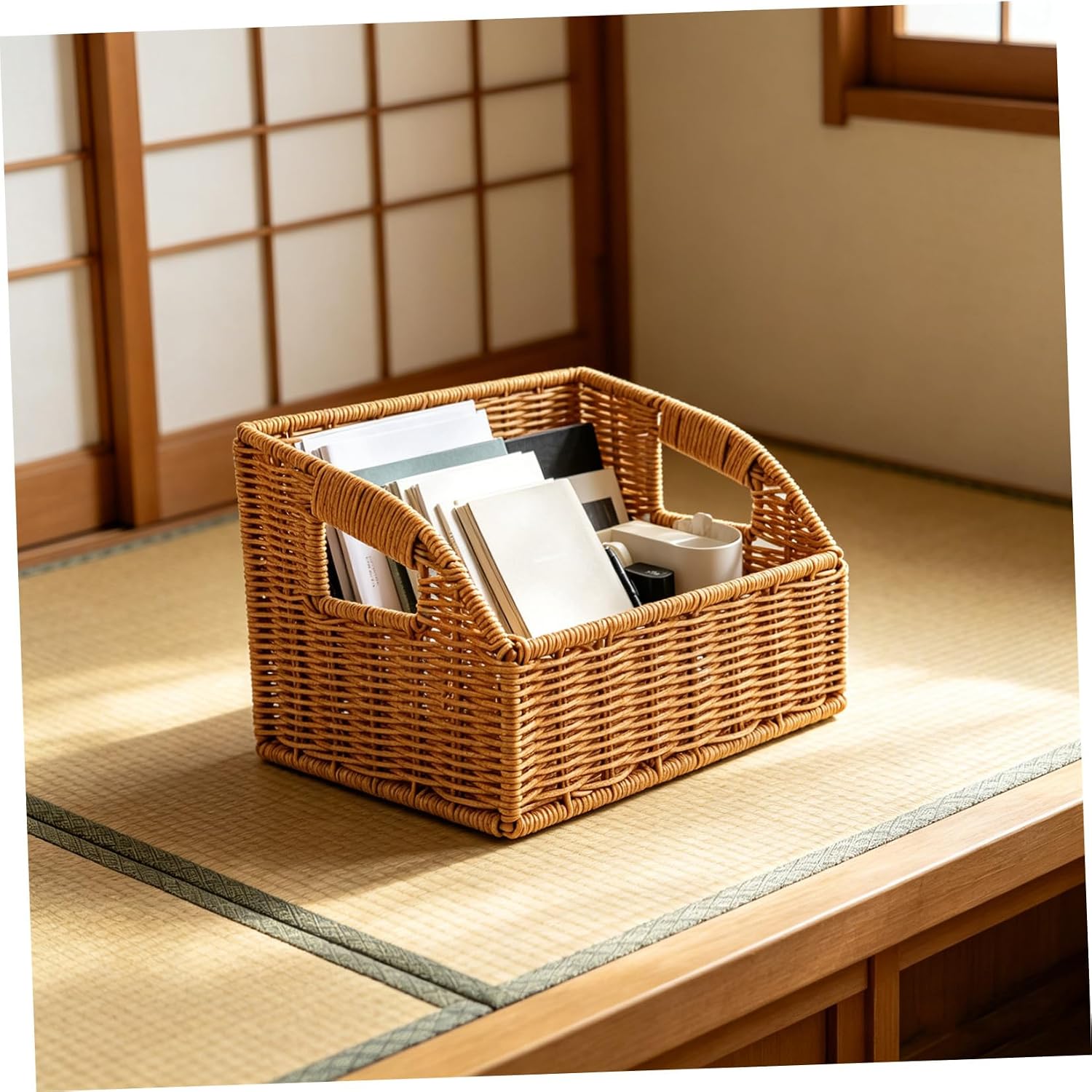 GANAZONO Woven Magazine File Holder with Elegant Imitation Rattan Design, Plastic Rectangle Storage Basket 9.25x7.09x6.69in, Easy Clean and Excellent Loadbearing Capacity for Bedrooms