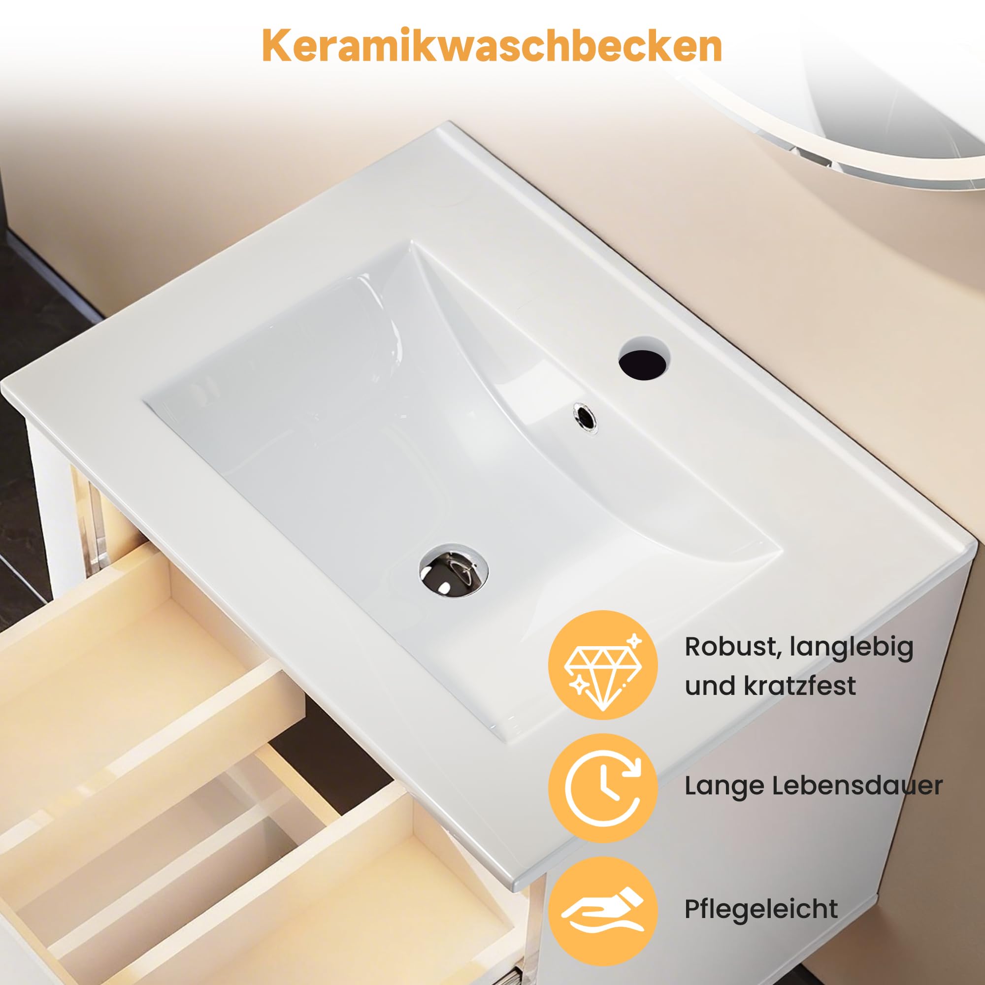 SONNI Badmöbel Set Waschbecken mit Unterschrank 60cm, inkl. Keramikwaschbecken, LED-Lichtleiste, Offenem Fach, Hängend, Grifflos, Hochglanz Weiß, Badezimmermöbel, 60x50x50cm.