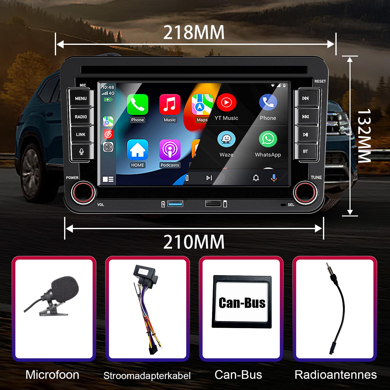 Adecuado para VW Golf 5/6, Polo, T5, Toucan, Skoda, Passat, Jetta, Caddy, CC, Touran. Autoradio 7" táctil con CarPlay/Android Auto, Bluetooth/FM/USB/Am/DSP/RDS y Alta Potencia.
