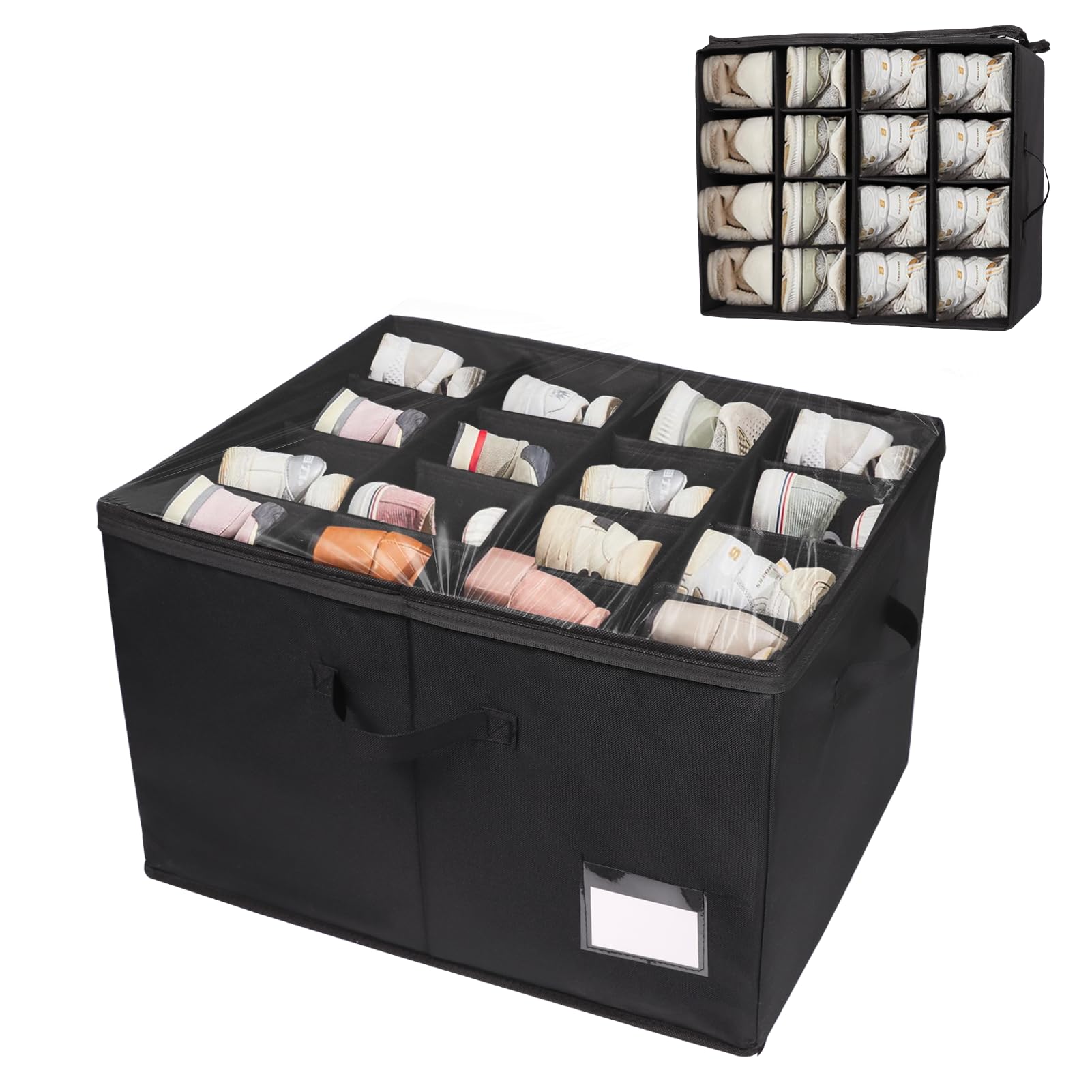 YWMEAC Shoe Storage Box Fits 16-Pair Shoe, Foldable Closetshoe Organiser Containers with Clear Lid and Handles/Black/1Pc