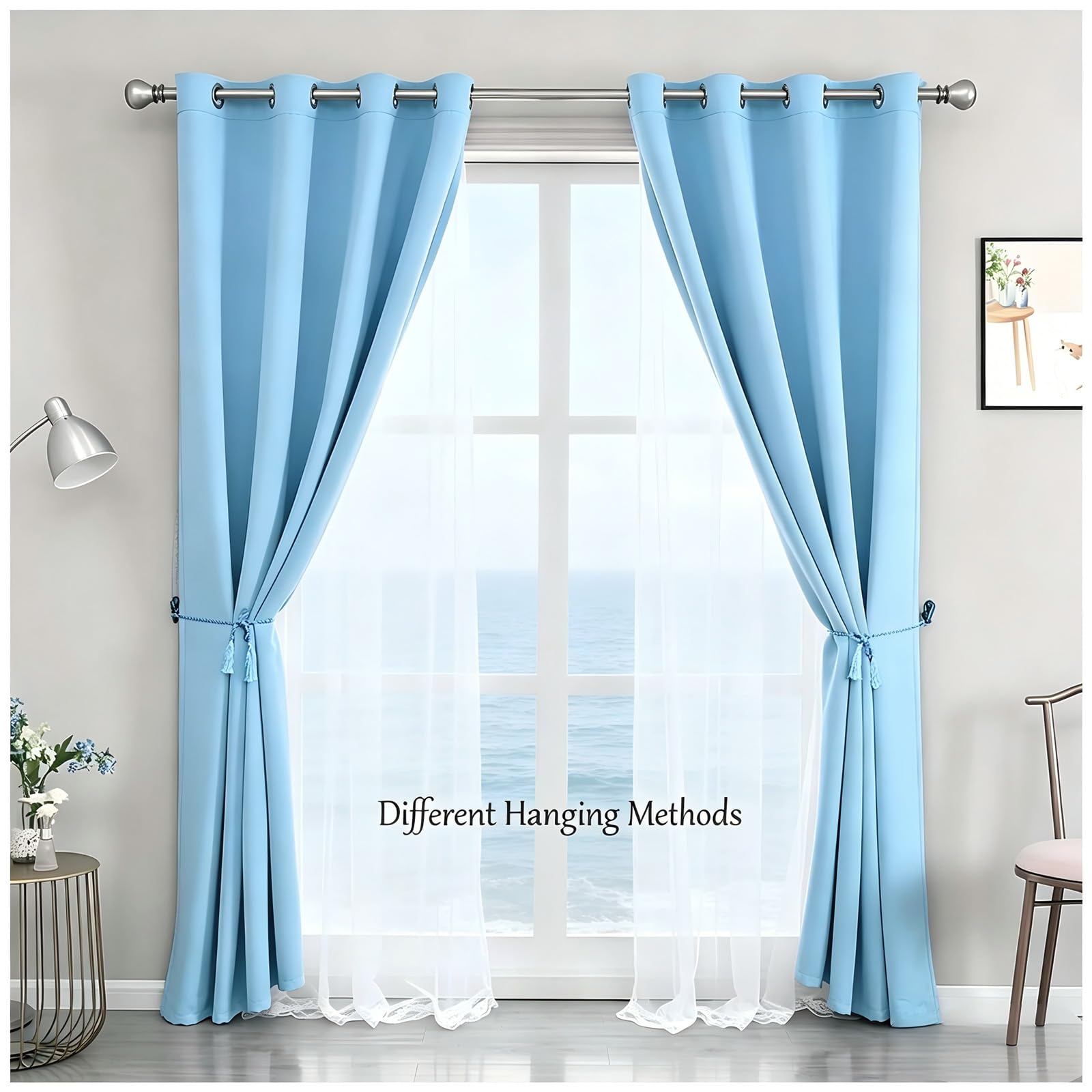 Kurze Verdunkelungsvorhänge mit durchsichtigen Vorhängen, doppellagig, mit Thermoösen, blaue Fensterbehandlungen für Kinder/Mädchen, Jungen, Schlafzimmer, Kinderzimmer, Hellblau, 2 Stück