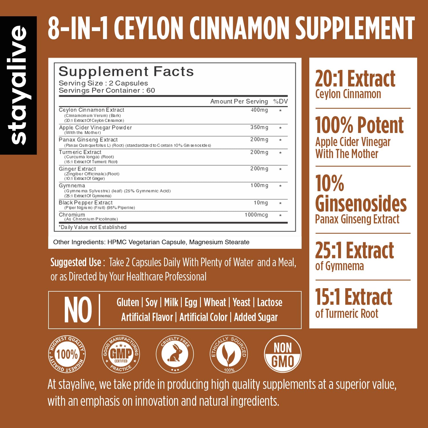 STAY ALIVE Ceylon Cinnamon Supplement, 8-in-1 Extract w/ACV, Turmeric, Ginger, Ginseng, Gymnema, Chromium & Black Pepper Powder, 120 Pills, Non-GMO & Gluten-Free Ceylon Cinnamon Capsules - Image 2 thumbnail