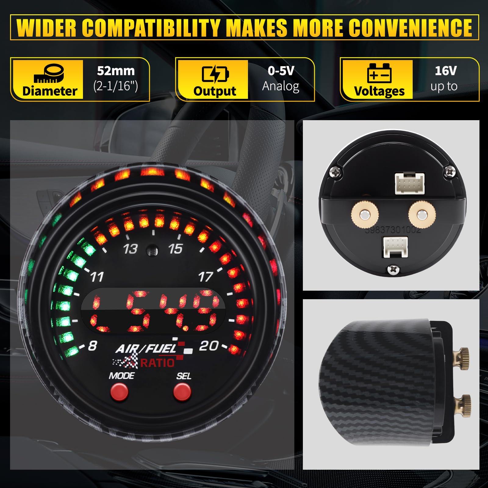 KAOLALI Affichage du Contrôleur de Capteur AFR, 30-0300 X-Series Wideband UEGO AFR Contrôleur Contrôleur Gauge 30‑0300 Ratio de Carburant d'air Affichage de 52mm (2-1/16”) Auto