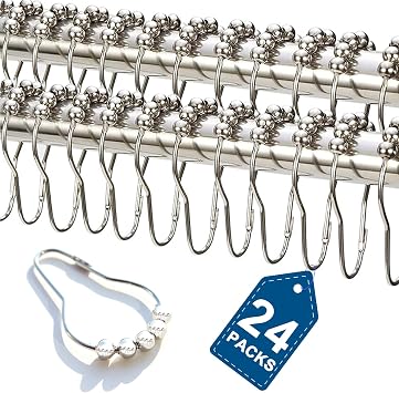 Consss 24PCS Stainless Steel Shower Curtain Hooks Rust Proof, Shower Curtain Rings Polished Nickel, Heavy Curtain Rod Rings for Bathroom, Durable Bathroom Decor Hooks Chrome Silver