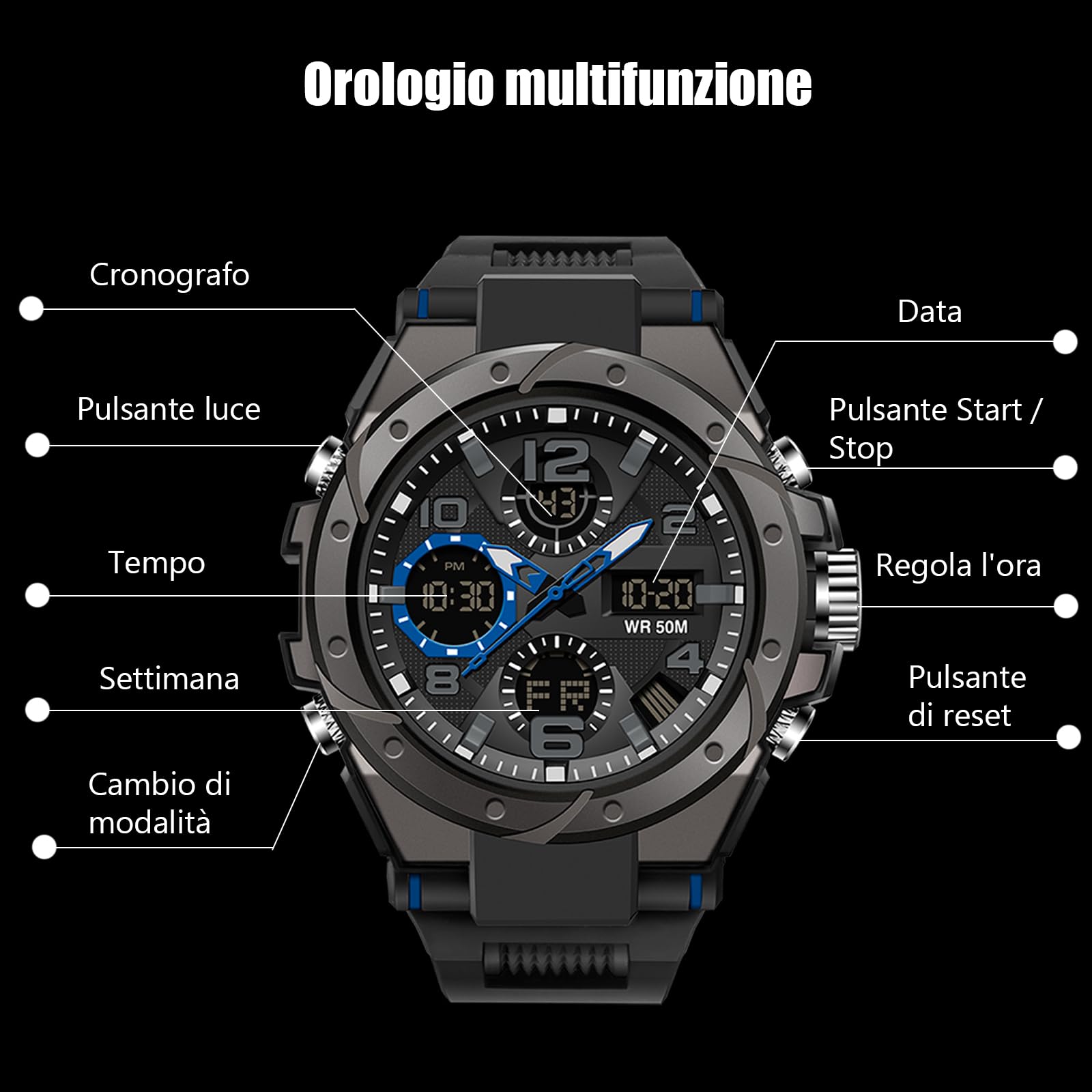 RORIOS Orologio sportivo da uomo, digitale, impermeabile, digitale, militare, orologio con sveglia, quadrante grande, quadrante blu, cinturino