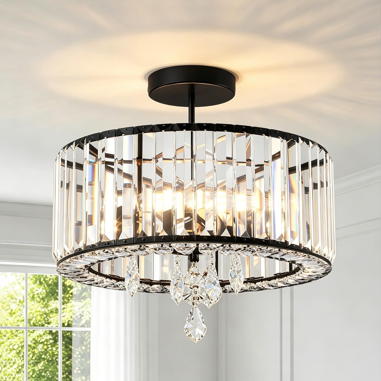 Anwio Large -Black-E27 Black Chandeliers Ceiling Light 3-Light Crystal Ceiling Lights,Light Fittings Ceilings,Semi Flush Mount Chandelier For Living Room Hallway Dining Room Kitchen,Dia 36.5Cm,(E27 Base)