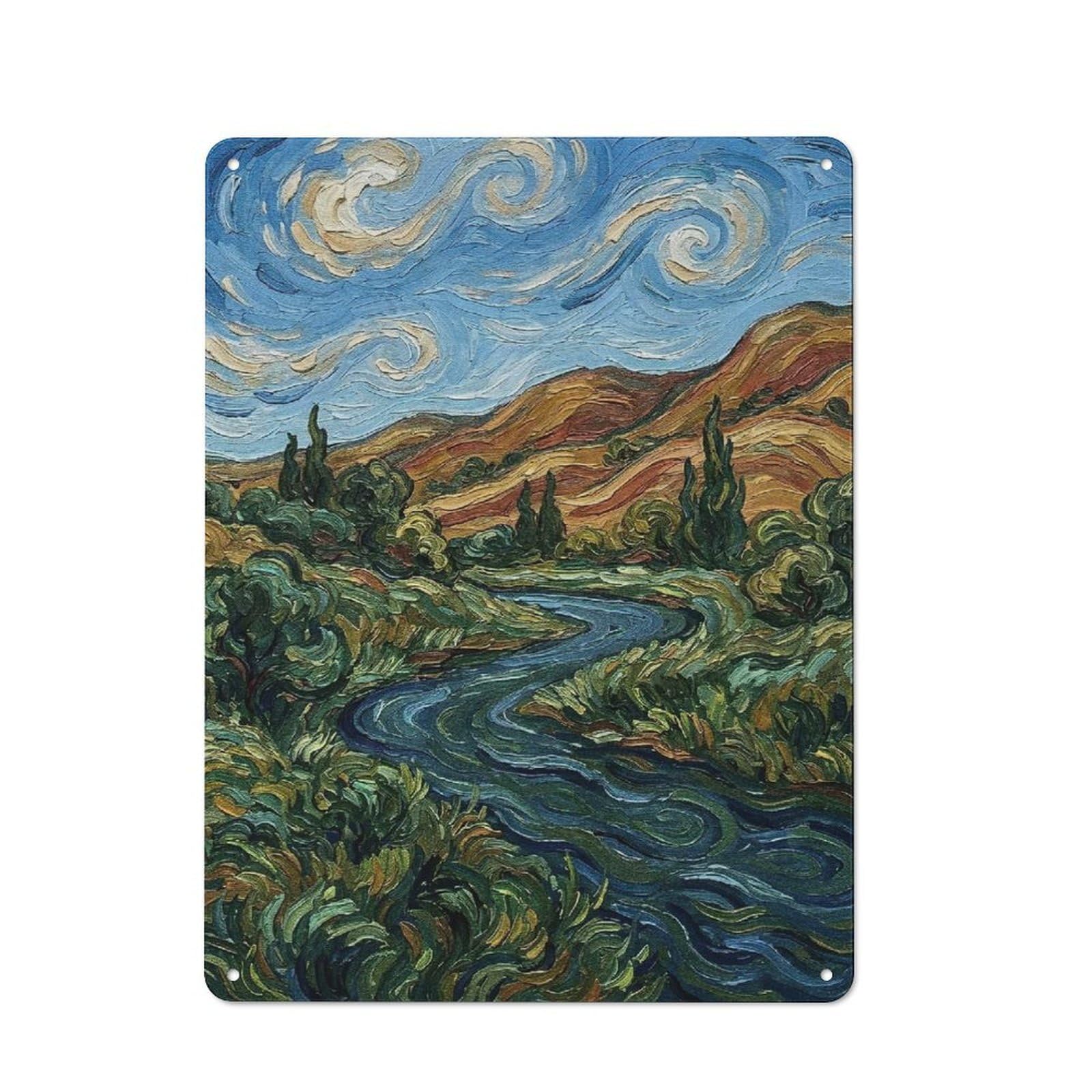 Junmoney Style-9 Impressionist Landscape With River And Mountains Retro Tin Wall Plaque 40X30cm For Hobby Room Or Studio, For Garage, Workshop And Man Cave Decoration