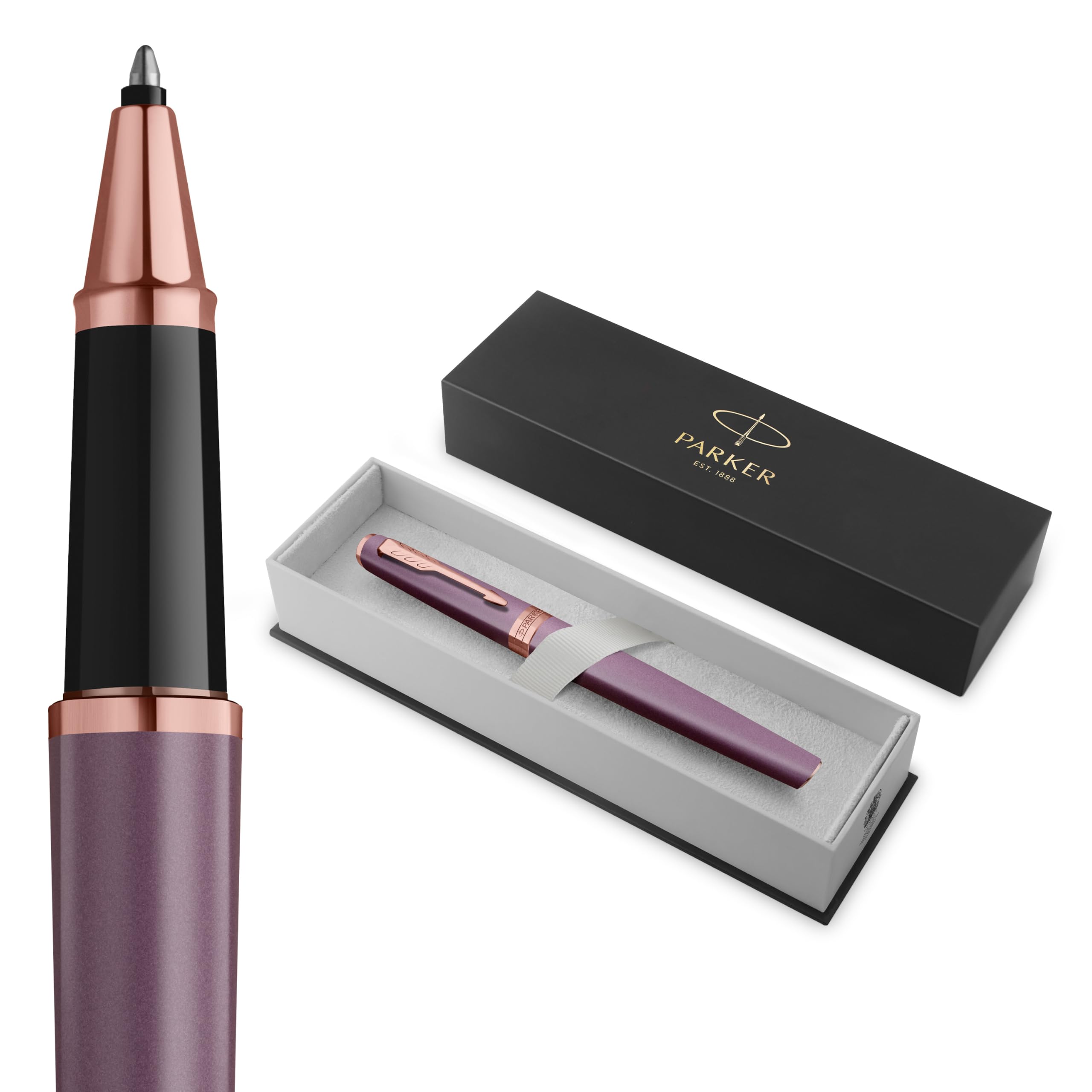 PARKER Meridian Rollerball Pen | Purple Lacquer with Rose Gold Trims | Fine Nib | Handwriting Pens & Stationery Supplies | Black Ink | Luxury Gift Box